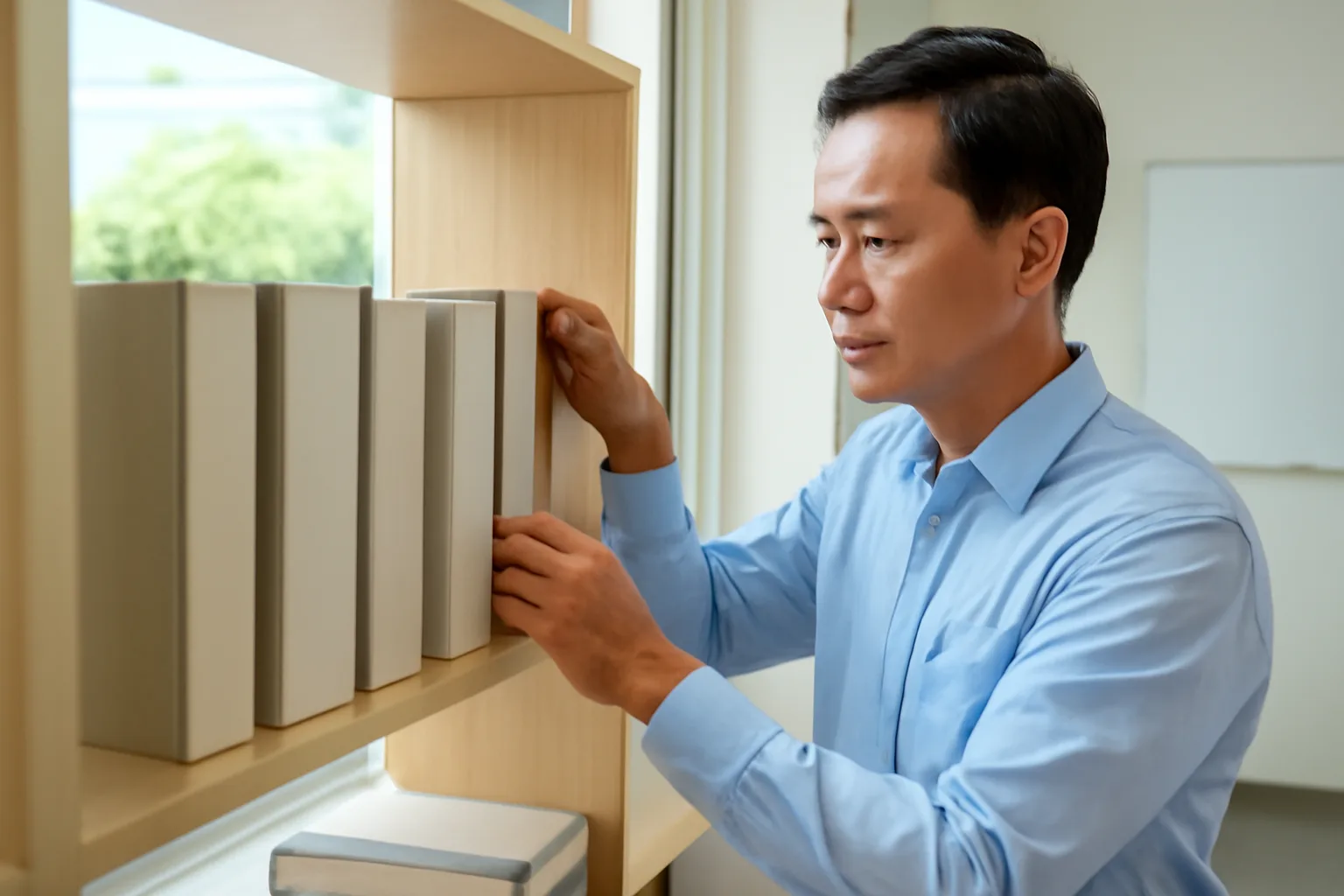 Luật sư sắp xếp một dãy sách luật bìa trơn trên kệ văn phòng