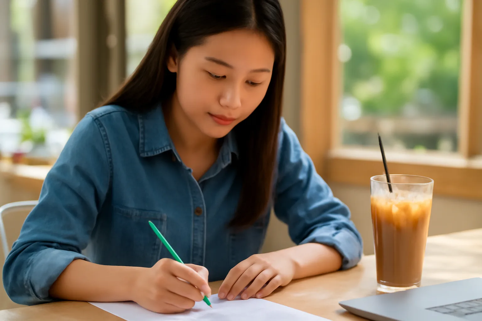 Kế toán dùng bút đánh dấu kiểm lại từng dòng trên tài liệu in tại bàn cà phê