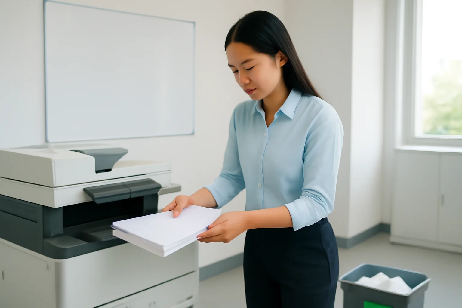Trợ lý văn phòng lấy xấp giấy trắng từ khay máy in trong phòng photo sáng