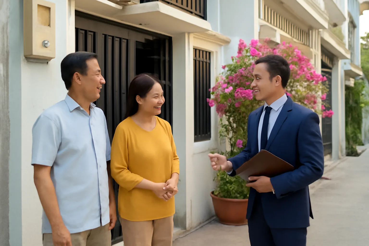 Hai vợ chồng trung niên đứng trước căn nhà phố đang rao bán, người môi giới cầm cặp hồ sơ