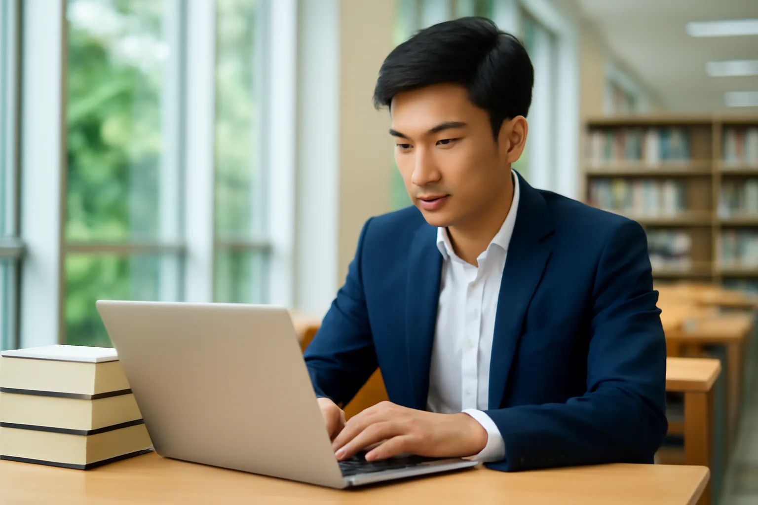 Chuyên viên tư vấn thuế tra cứu trên máy tính xách tay ở bàn đọc thư viện