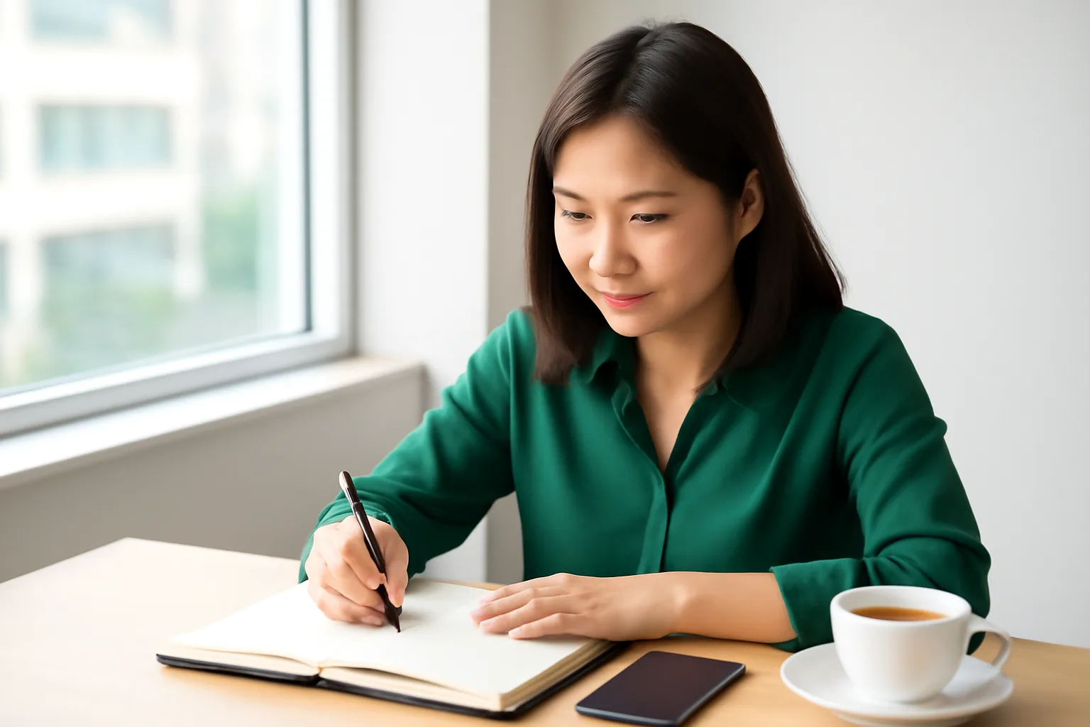 Trưởng phòng kế toán ghi chép vào sổ tay bìa cứng bên cửa sổ văn phòng