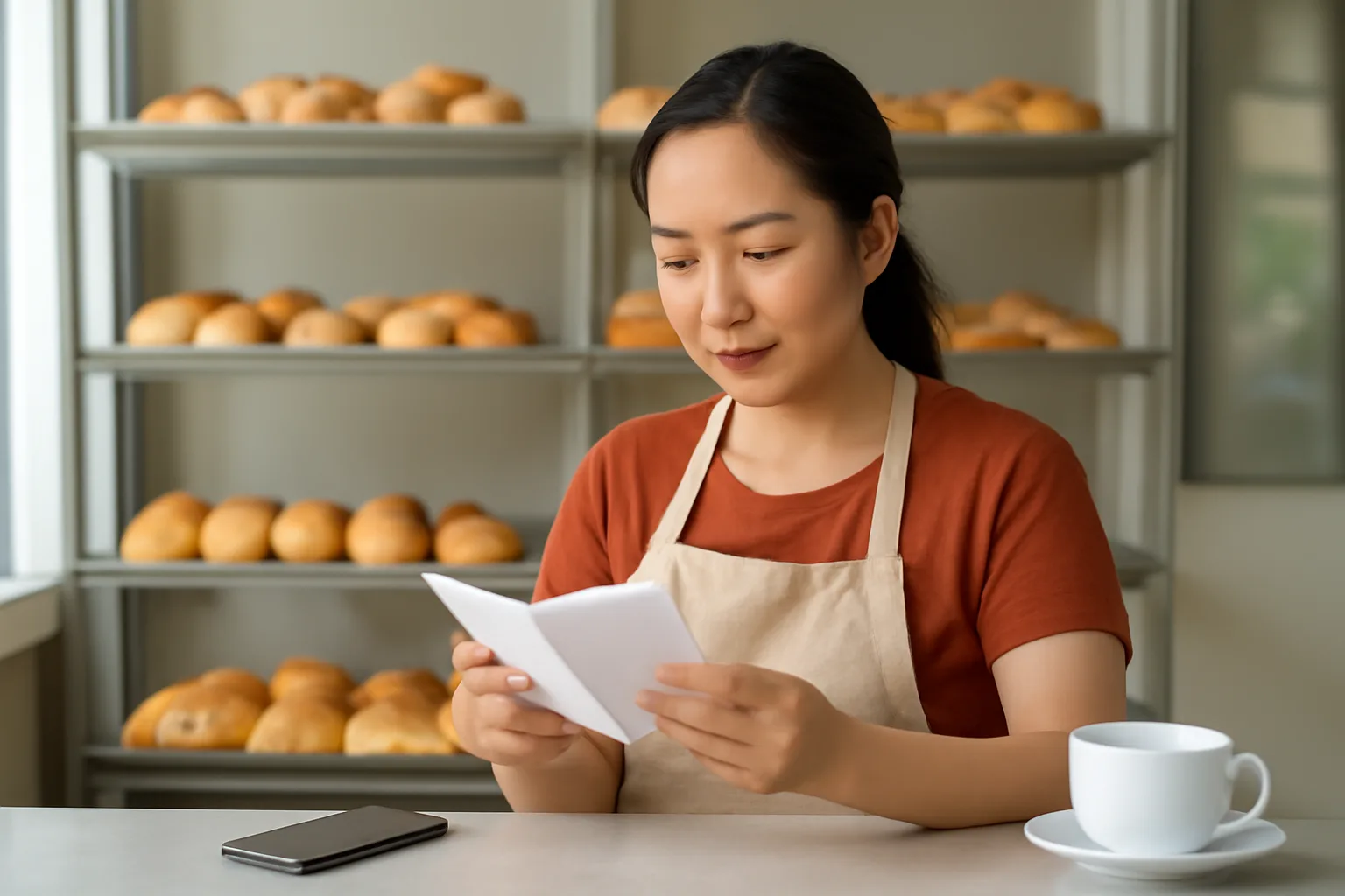 Chủ cửa hàng đọc tài liệu ở quầy sau giờ mở cửa, cốc cà phê và điện thoại úp bên cạnh