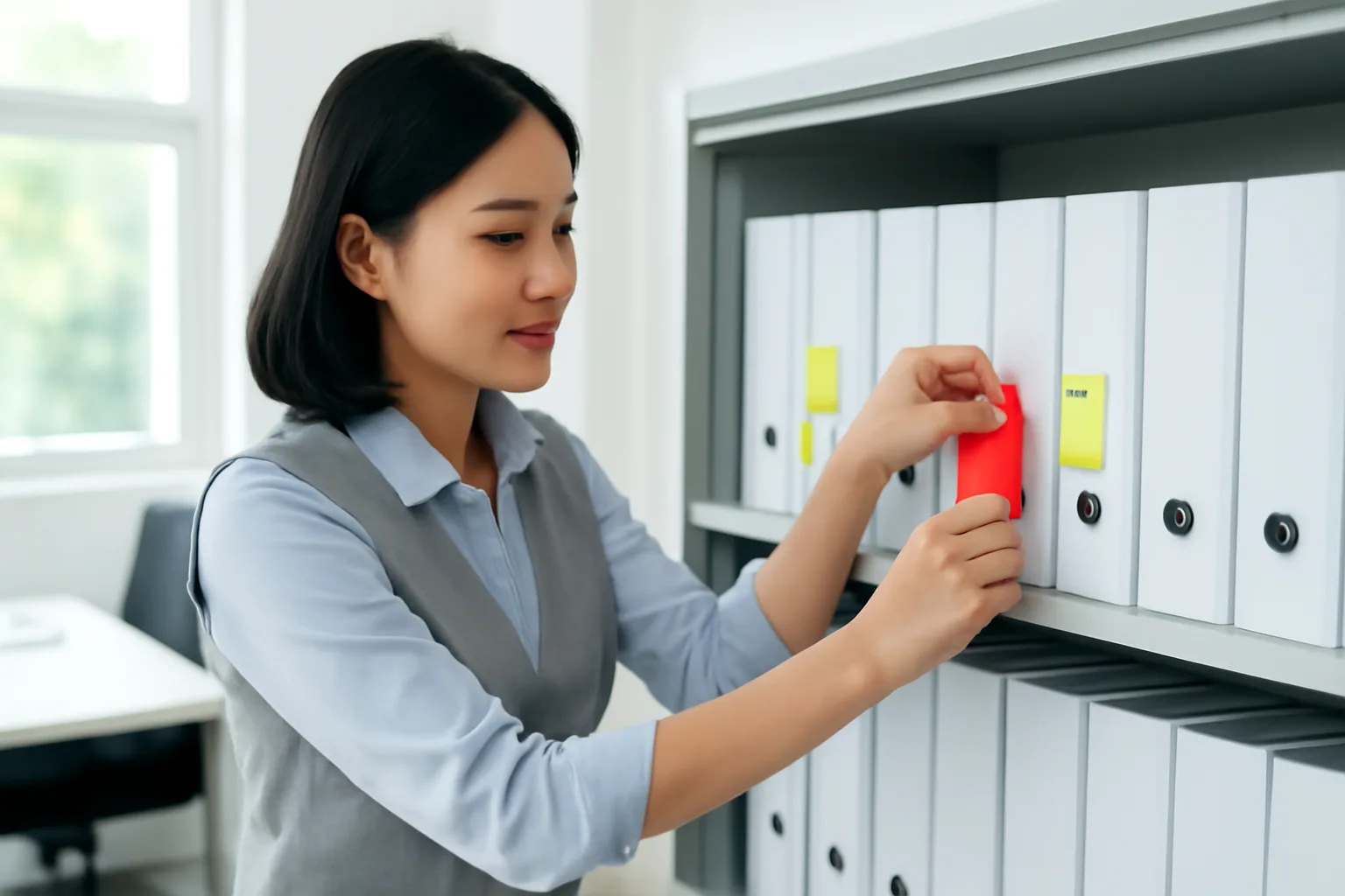Nhân viên pháp chế rà lại các tập công văn lưu trong tủ hồ sơ, dán nhãn màu phân loại