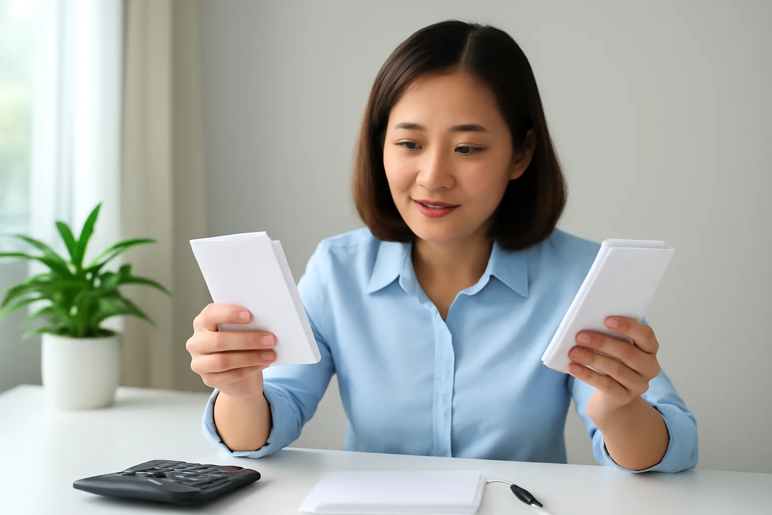 Người phụ nữ so hai xấp chứng từ đặt cạnh nhau trên bàn làm việc gần cửa sổ