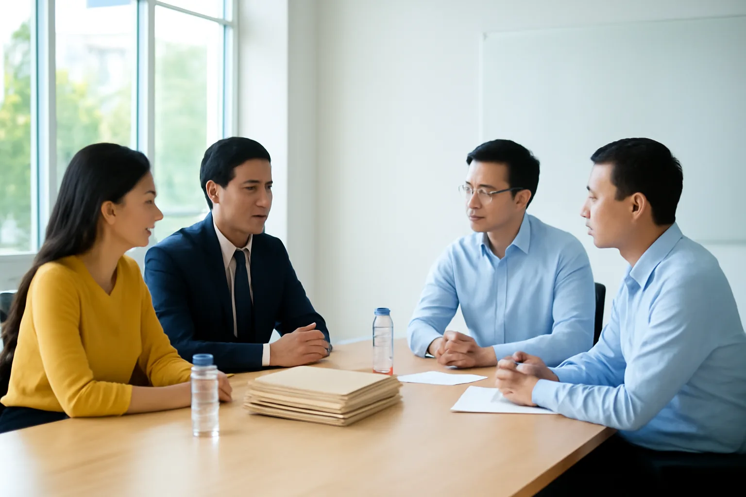 Giám đốc và kế toán ngồi đối diện hai cán bộ thuế ở bàn họp, cặp hồ sơ và chai nước trên bàn