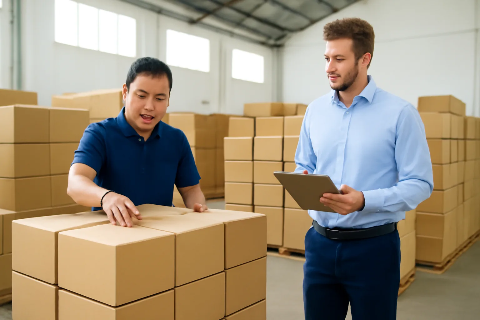 Kế toán công ty vốn nước ngoài xếp các thùng hàng nhập từ công ty mẹ trong kho nhỏ