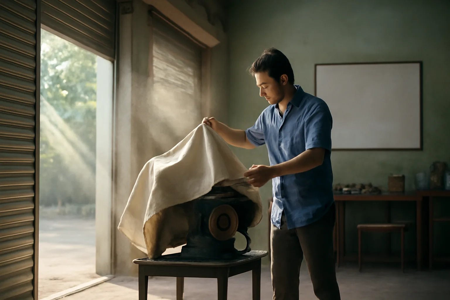Chủ doanh nghiệp mở lại cửa xưởng nhỏ sau thời gian tạm ngừng, máy móc phủ bạt