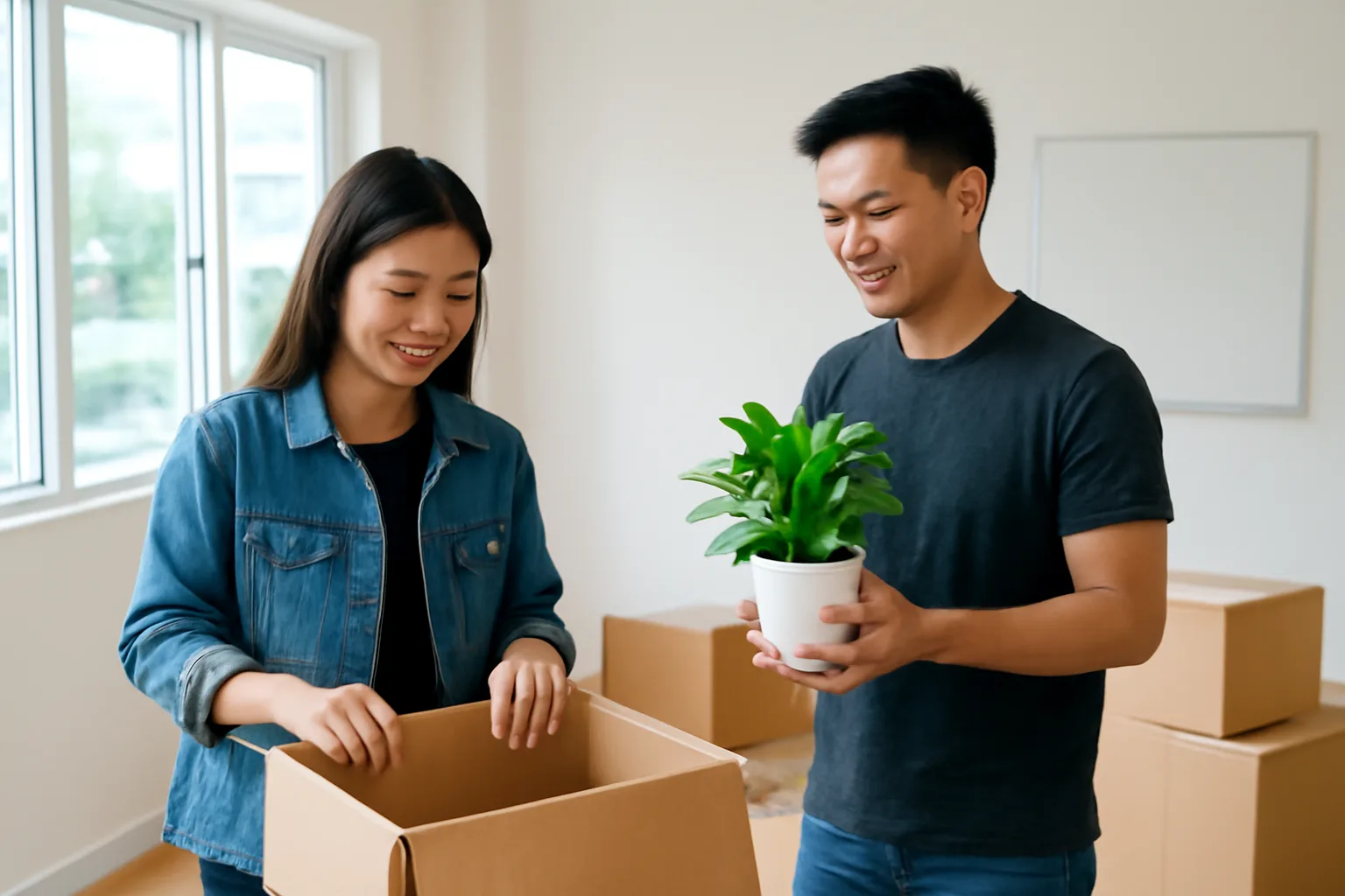 Hai người sáng lập trẻ dọn vào văn phòng mới, thùng giấy và cây xanh trên sàn