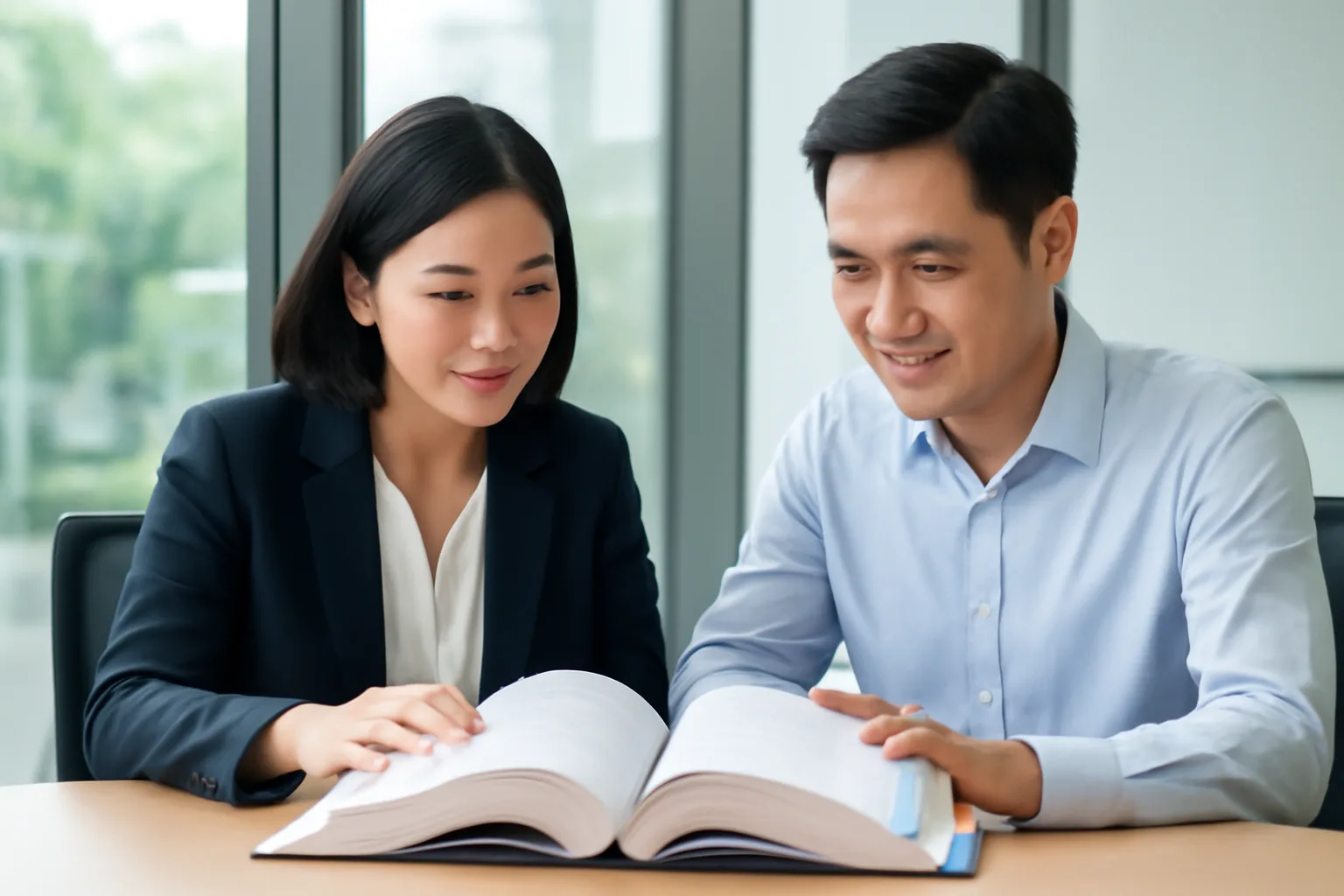 Hai người trong phòng họp nhỏ cùng đọc một tập văn bản dày, một người đánh dấu bằng thẻ màu