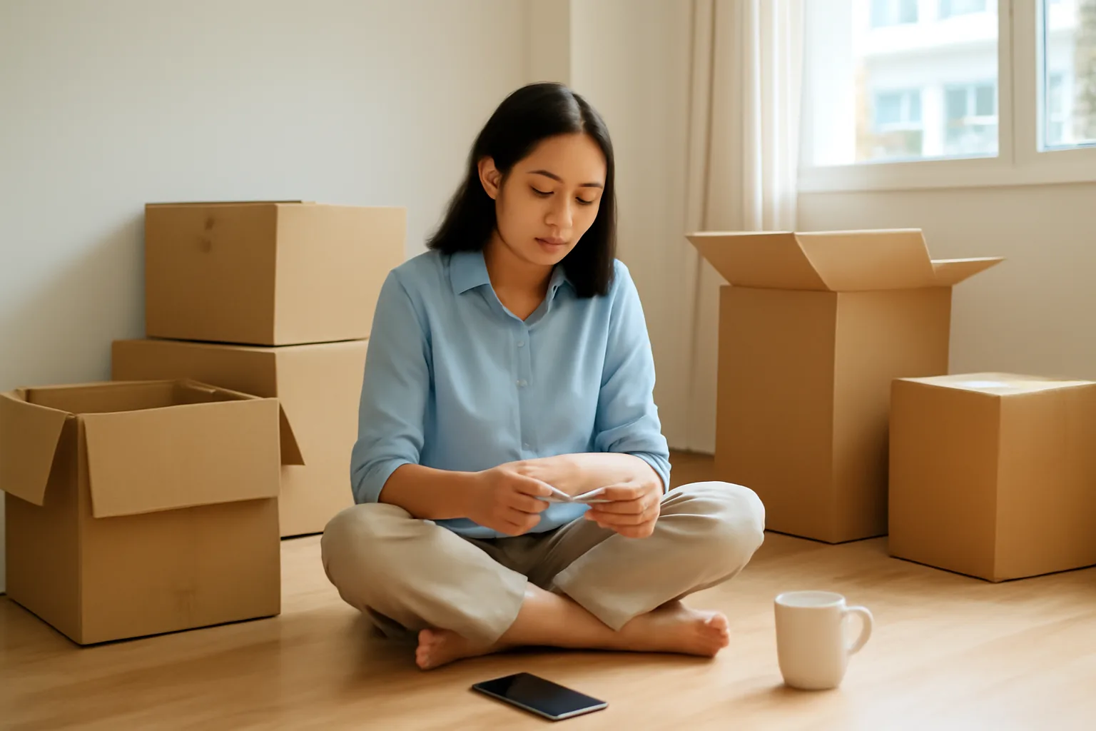 Người đi làm trẻ ngồi giữa các thùng đồ chuyển nhà, xem điện thoại úp bên cạnh cốc cà phê