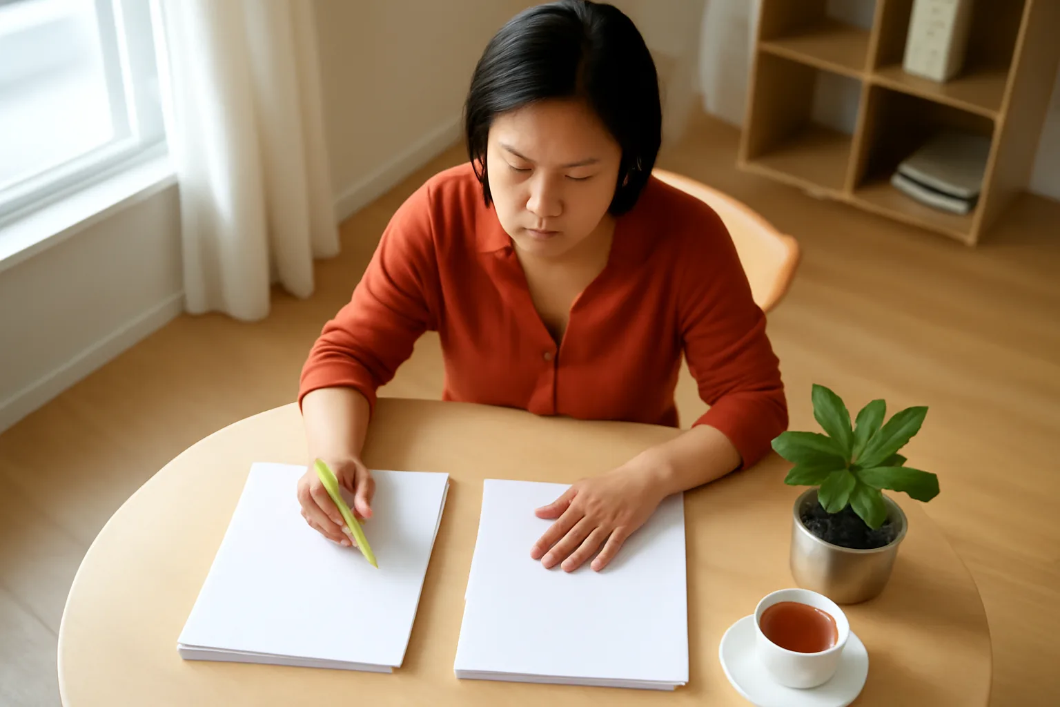 Người phụ nữ đặt hai tập giấy trắng cạnh nhau trên bàn, tay cầm bút dạ quang so từng trang