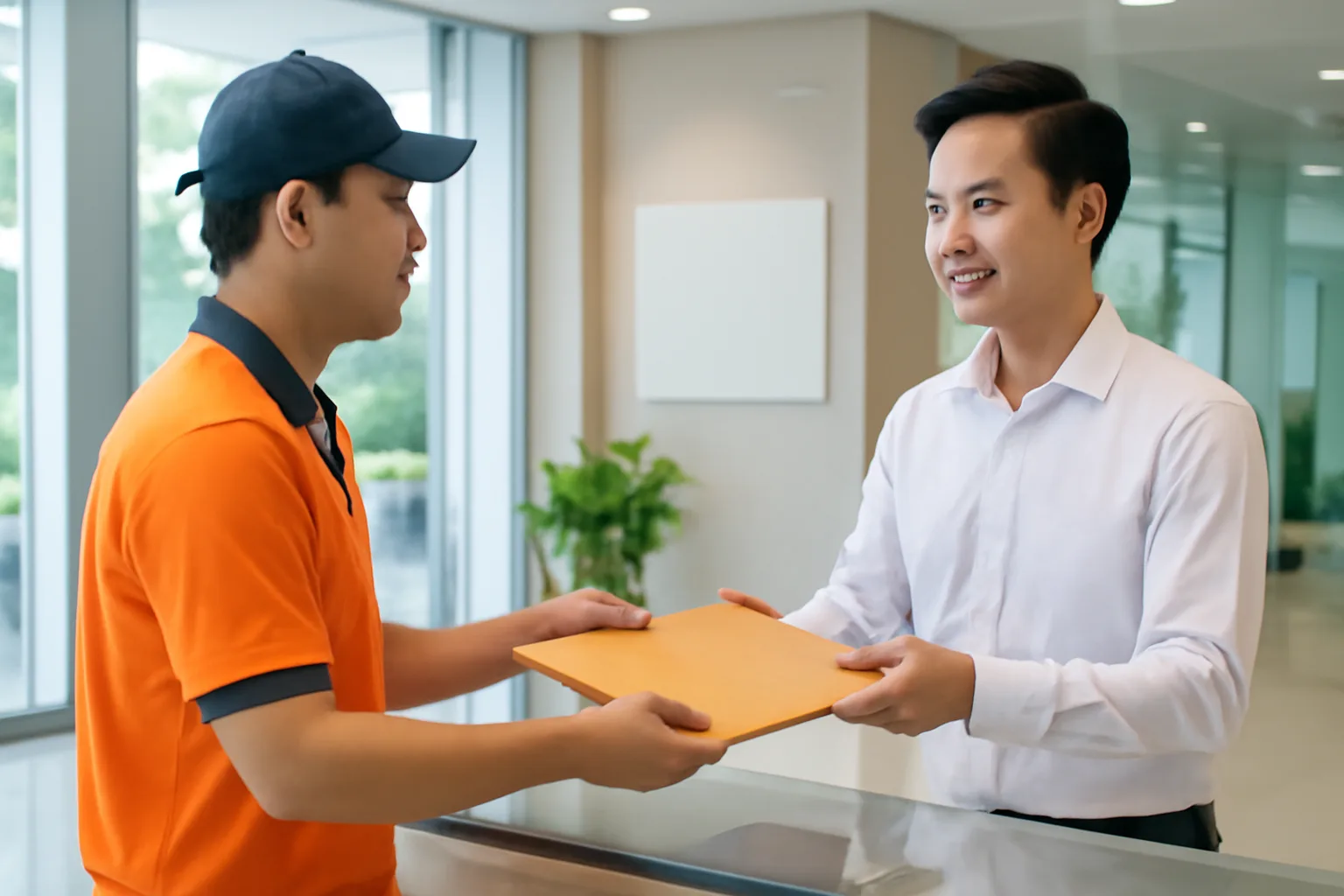 Nhân viên tài chính nhận phong bì chuyển phát quốc tế tại quầy lễ tân văn phòng