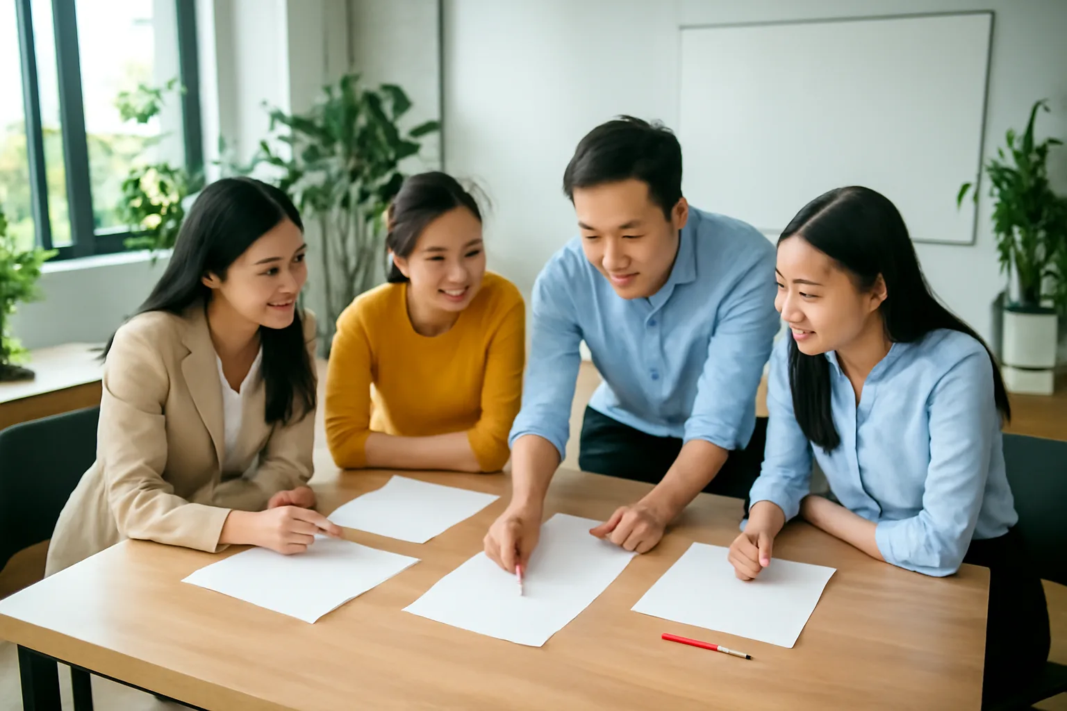 Nhóm kế toán dịch vụ bàn bạc quanh bản in dự thảo với bút đỏ trên bàn