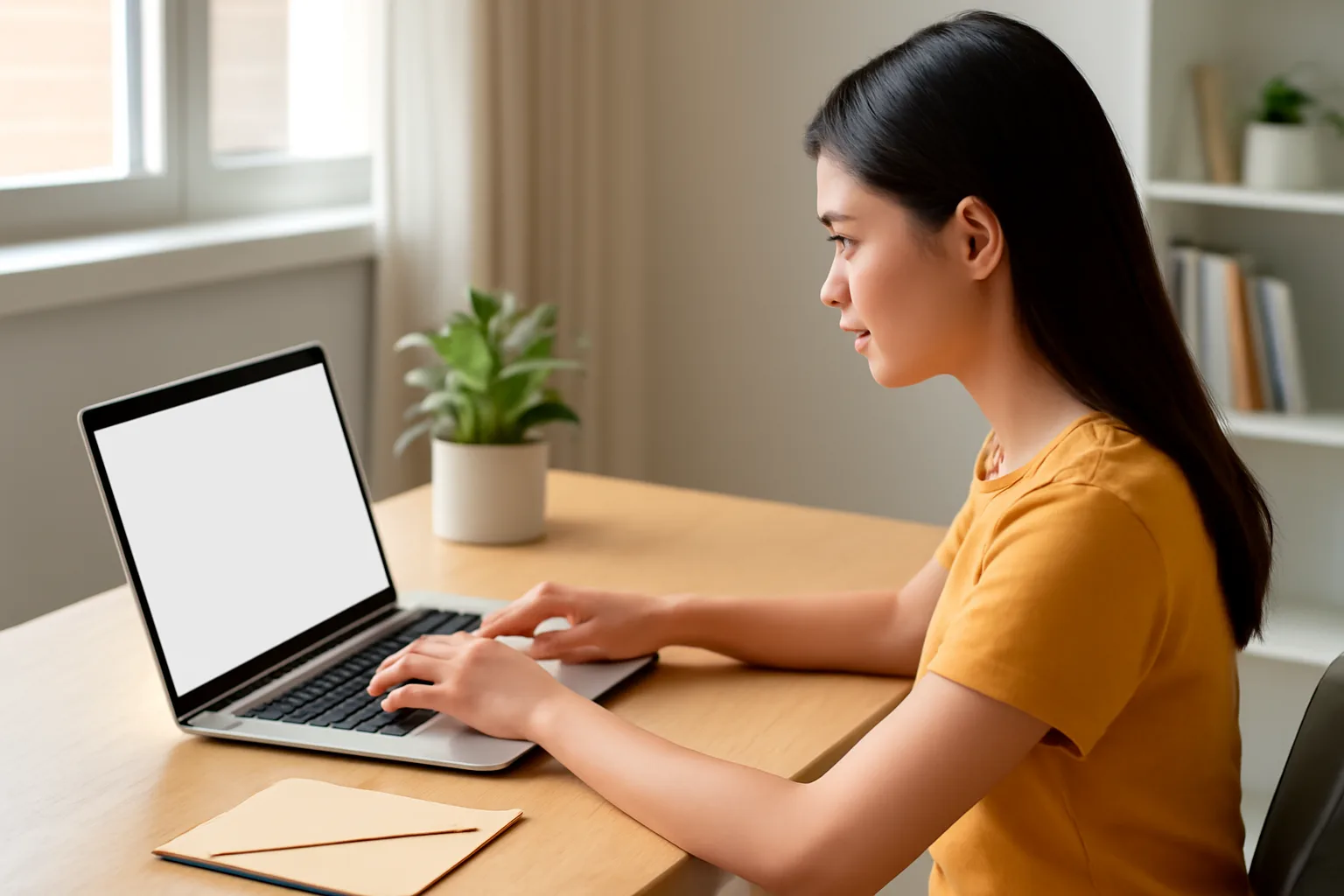 Người phụ nữ trẻ gõ máy tính xách tay trong phòng làm việc tại nhà bên phong bì và con dấu