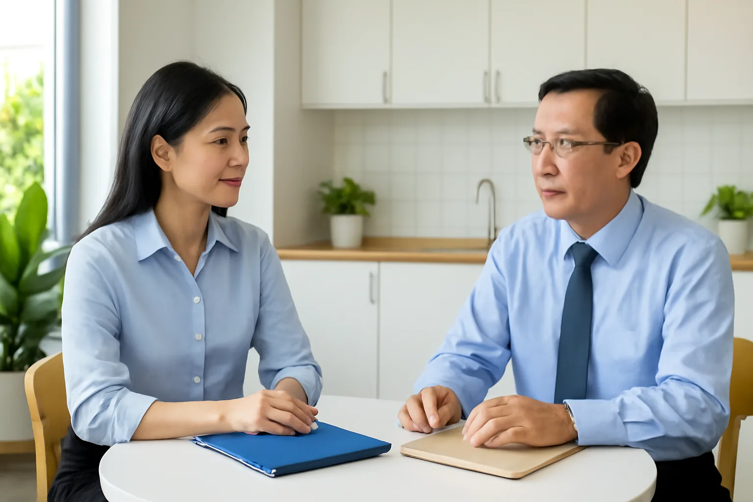 Hai kế toán ngồi đối diện tranh luận nhẹ nhàng bên bàn có hai tập hồ sơ