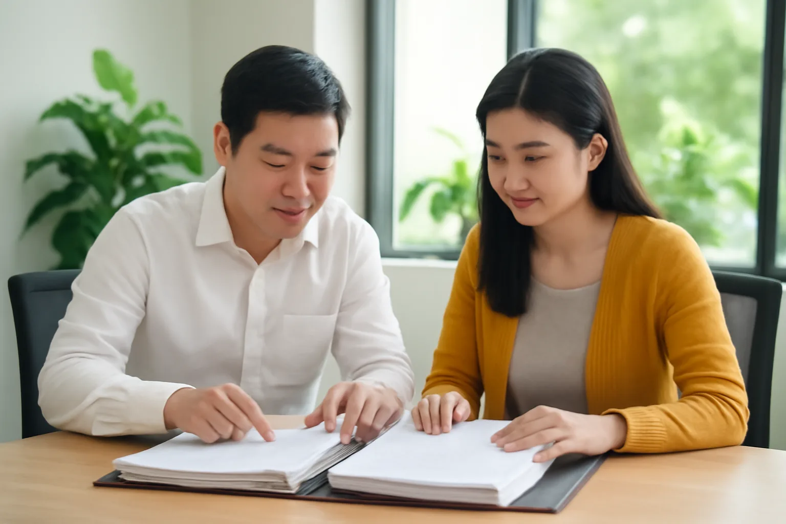 Hai kế toán ngồi ở bàn họp dài, hai tập hồ sơ dày mở cạnh nhau, một người chỉ tay