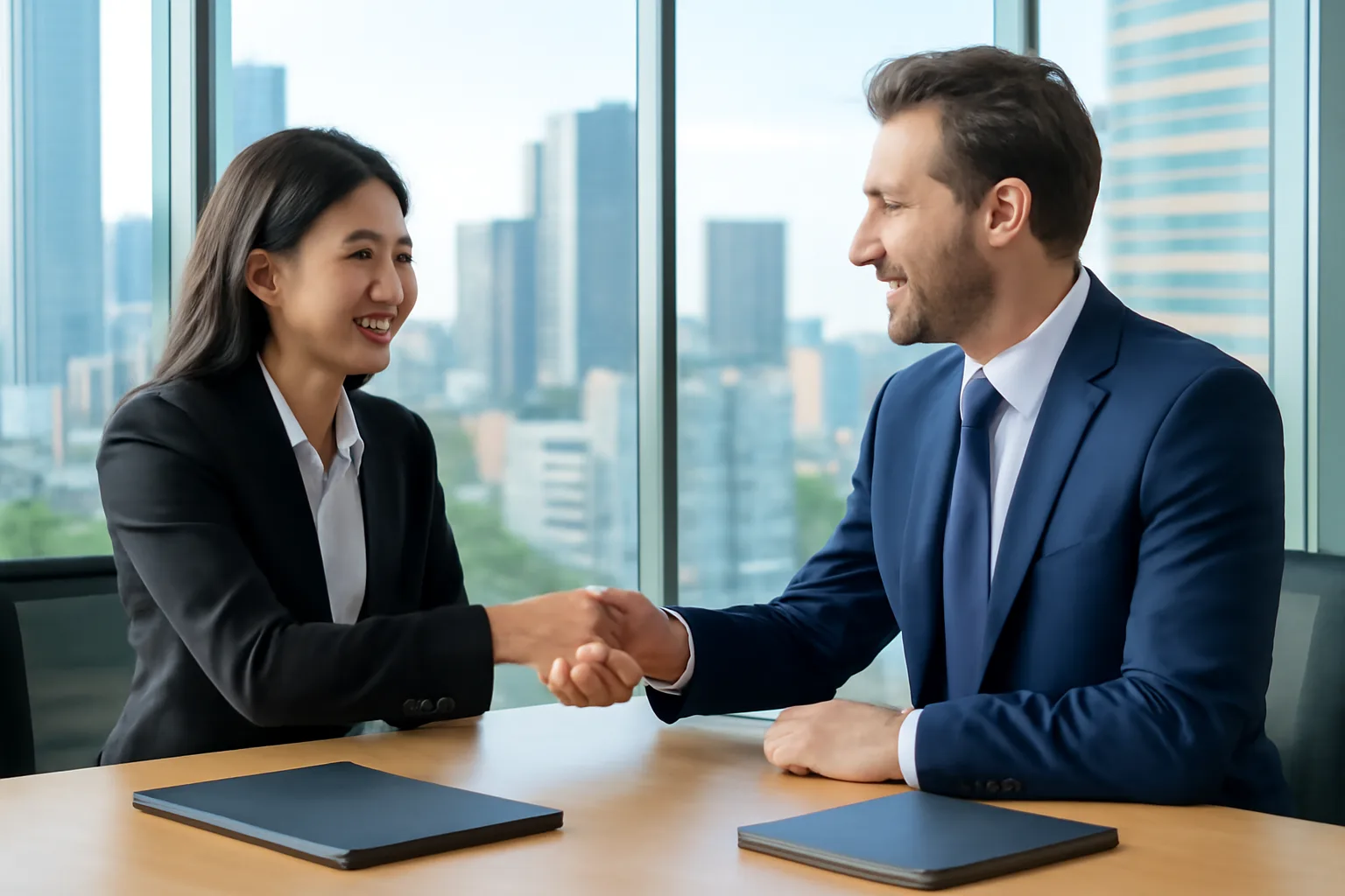 Nữ doanh nhân Việt Nam bắt tay đối tác nước ngoài bên bàn họp nhìn ra thành phố