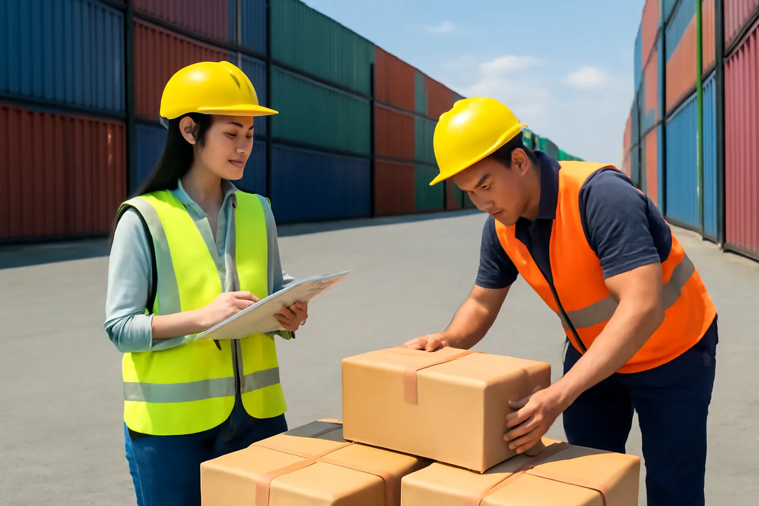 Kế toán doanh nghiệp xuất khẩu nhỏ kiểm các thùng hàng đóng gói sẵn ở cảng cạn