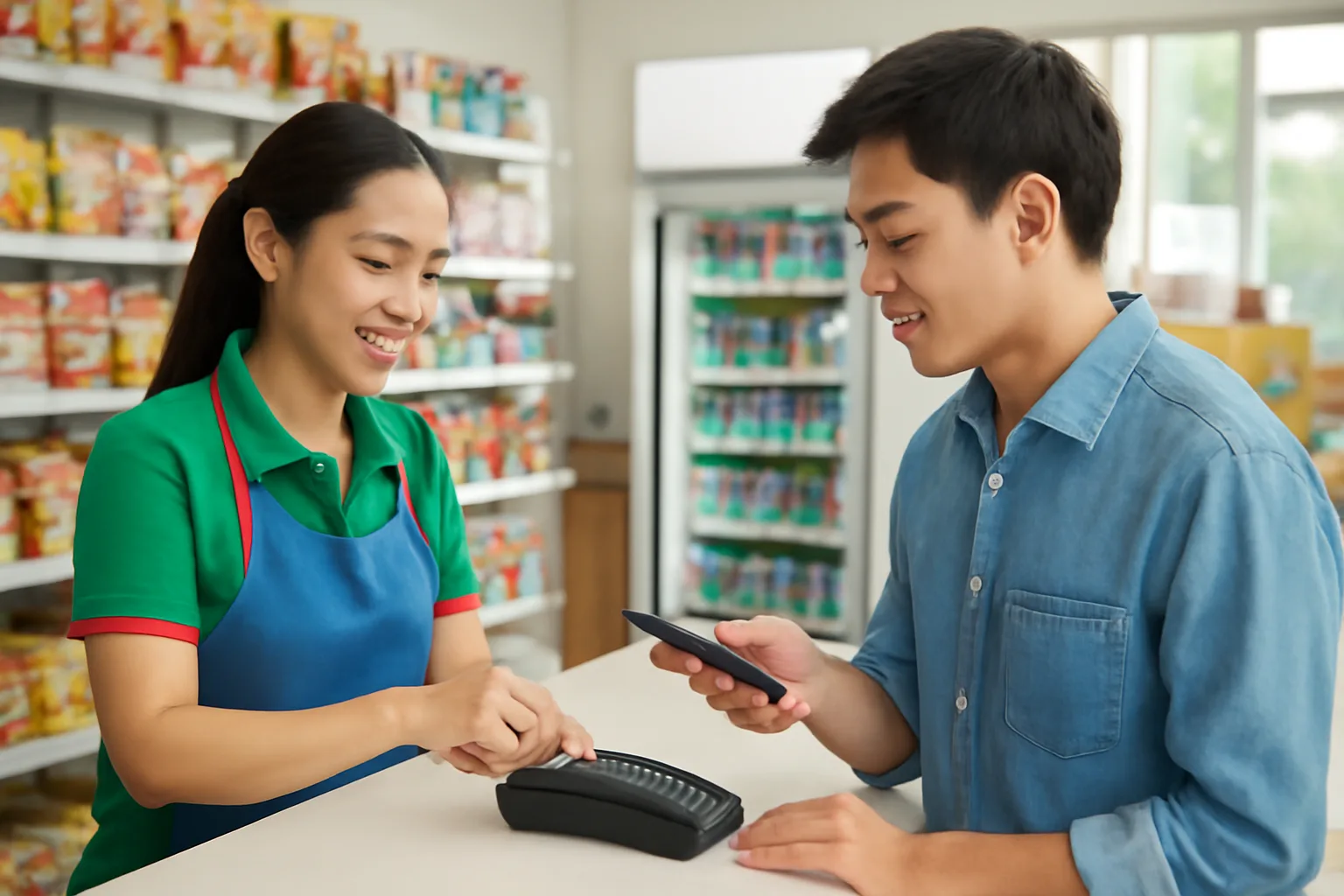 Thu ngân cửa hàng tiện lợi chạm máy thanh toán thẻ khi khách cầm điện thoại