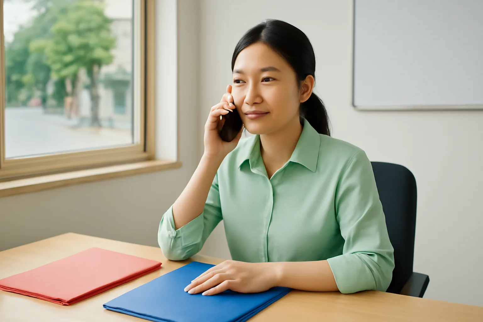Kế toán chi nhánh gọi điện cho trụ sở chính, trên bàn là tập hồ sơ và con dấu