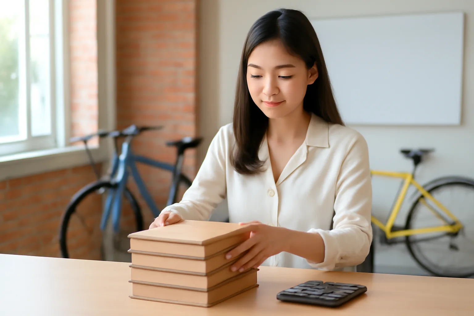 Kế toán công ty nhỏ ngồi bên bàn gỗ với xấp chứng từ và máy tính bỏ túi, ánh sáng buổi sáng
