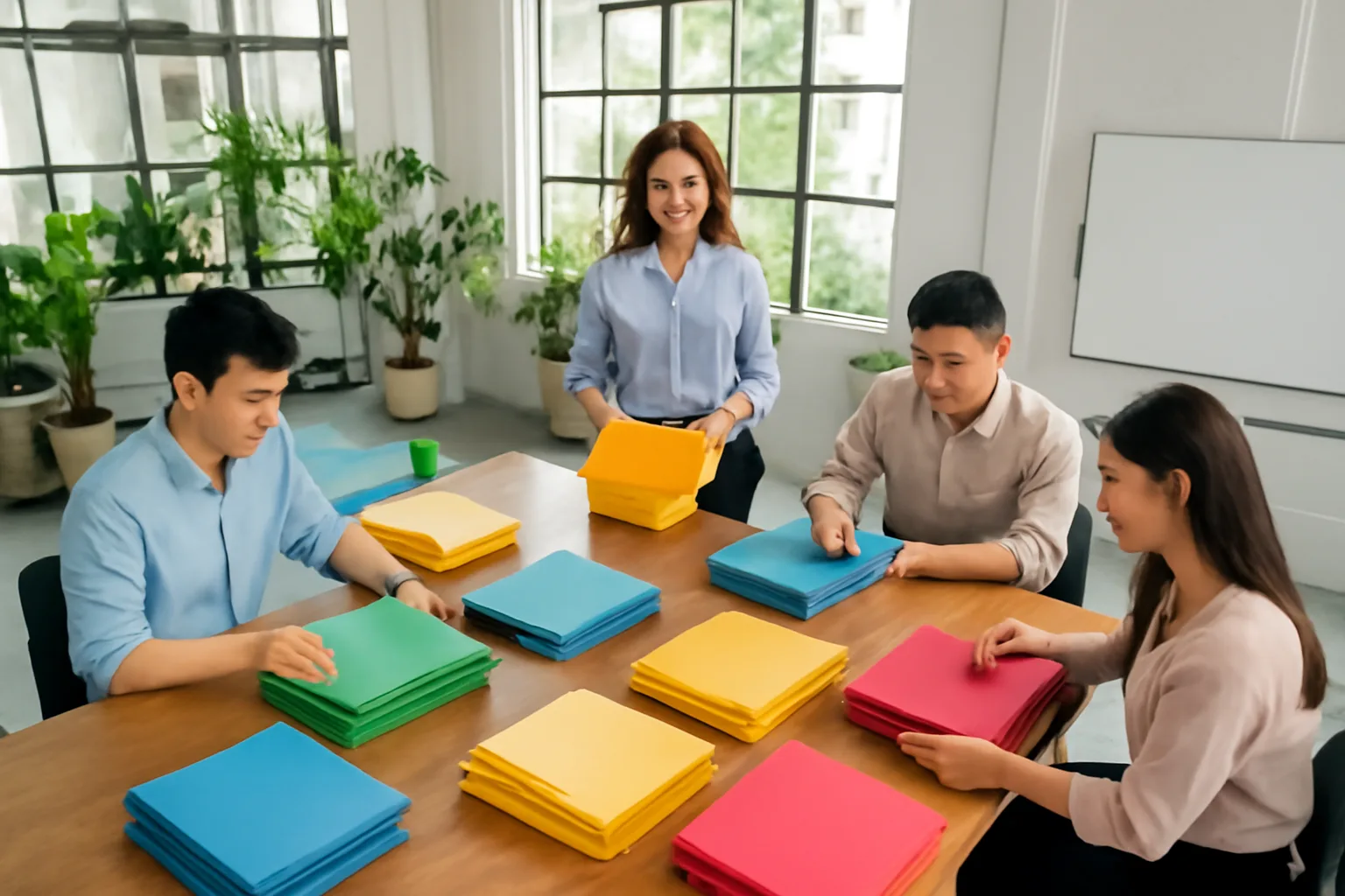 Nhóm nhân viên văn phòng kế toán dịch vụ họp quanh bàn dài chia các tập hồ sơ màu