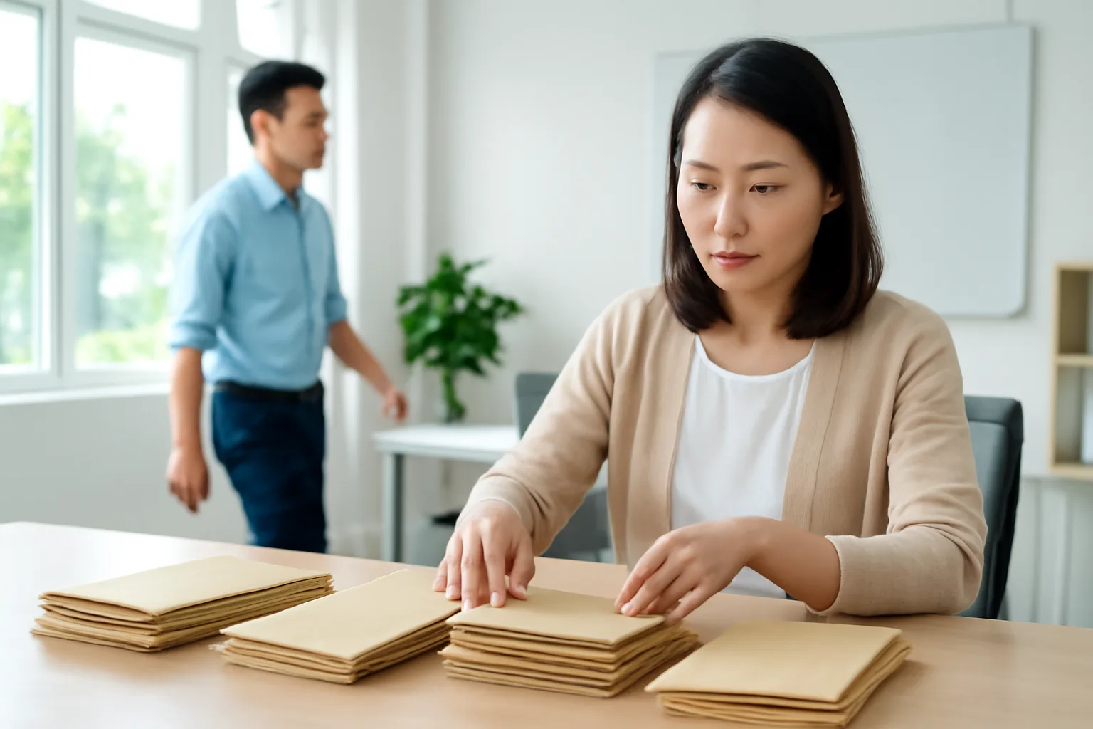 Kế toán tiền lương đối chiếu bảng lương bên máy tính trong phòng nhân sự sáng sủa