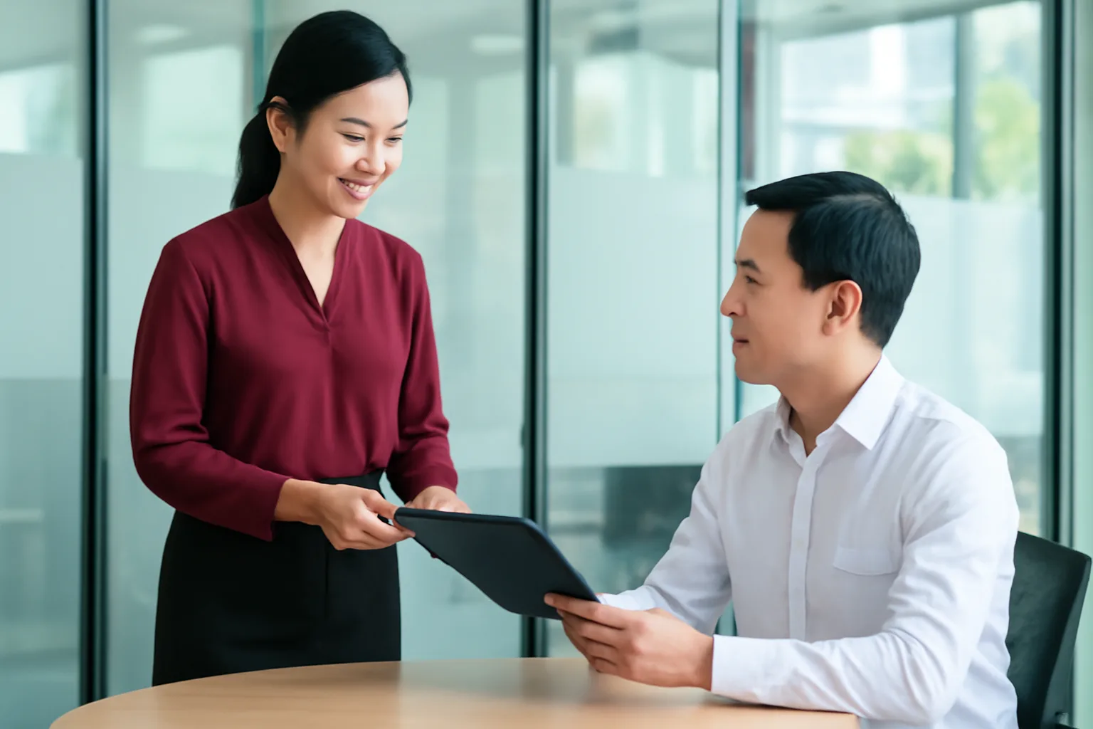 Kế toán trưởng trình bày với giám đốc bên bàn họp nhỏ, một tập hồ sơ mỏng đặt giữa