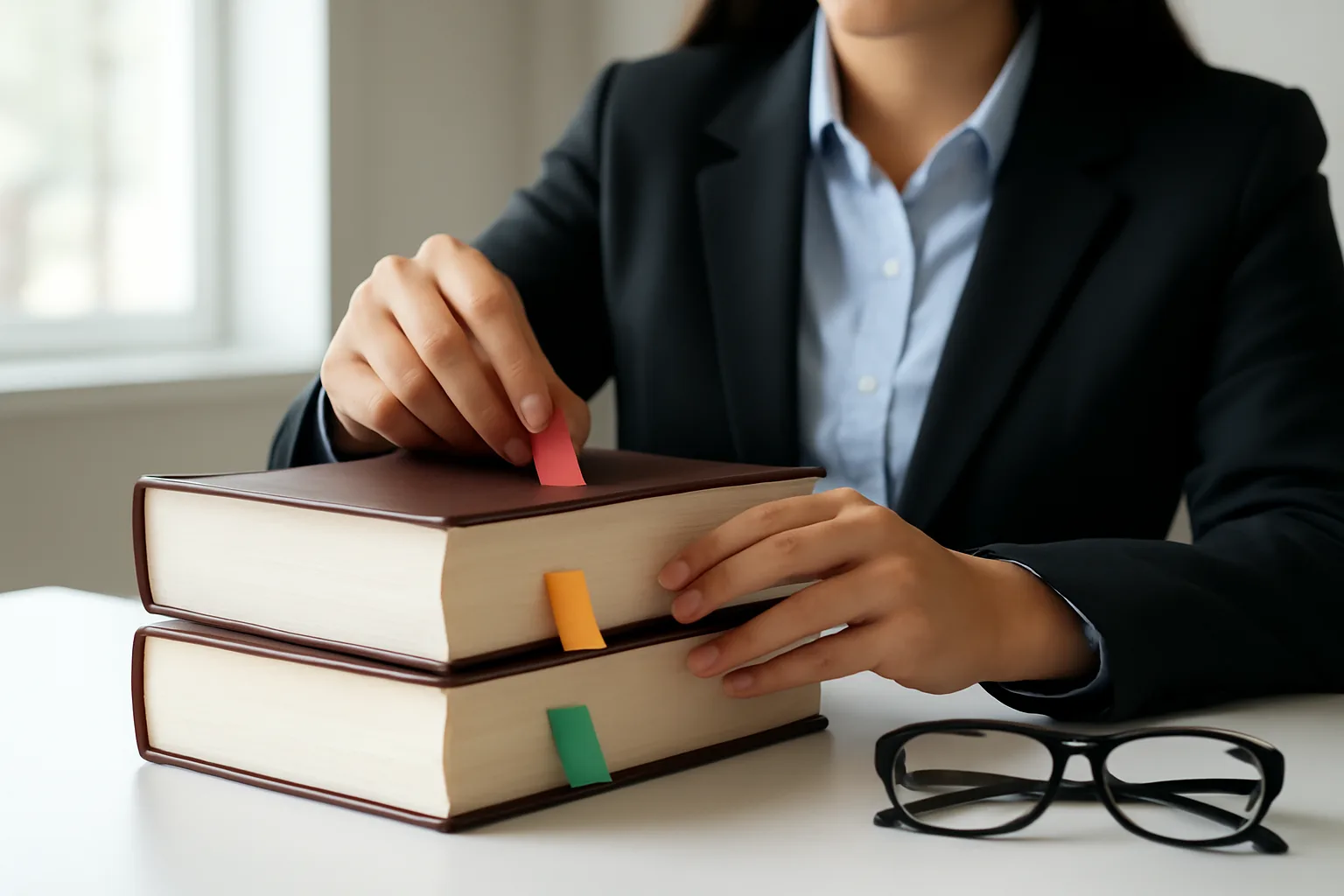 Tay chuyên viên pháp chế gắn thẻ đánh dấu nhiều màu vào các cuốn sách luật dày trên bàn trắng