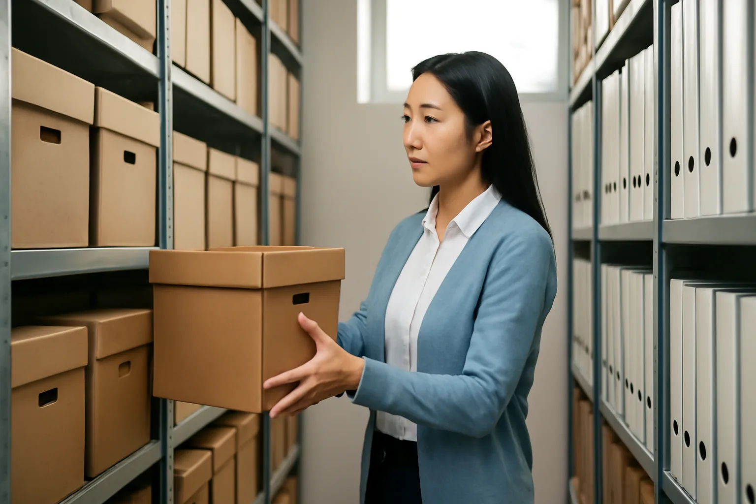 Nữ kế toán kéo một hộp hồ sơ cũ từ kệ cao trong phòng lưu trữ có cửa sổ trên cao