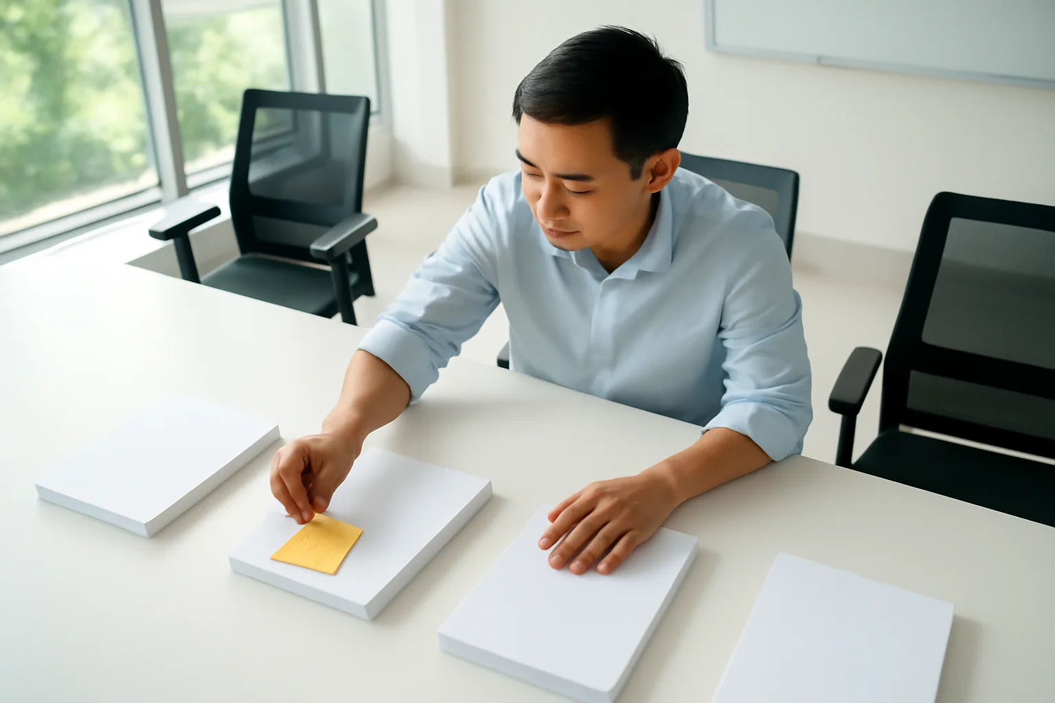 Ba chồng giấy xếp thành ba cột trên bàn dài trong phòng họp sáng