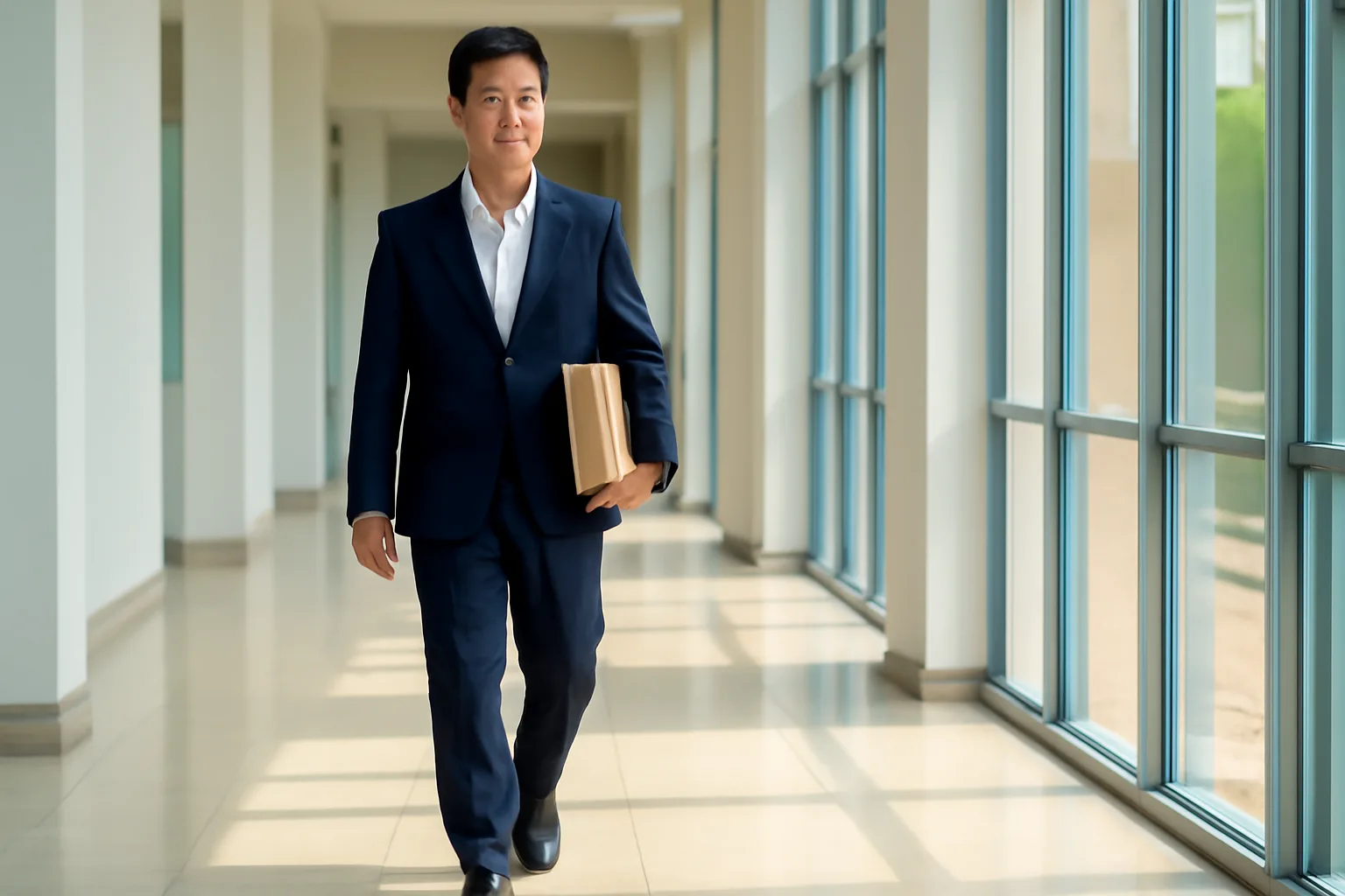 Cán bộ pháp chế mặc áo vest xanh đi dọc hành lang sáng ôm cuốn sách luật dày