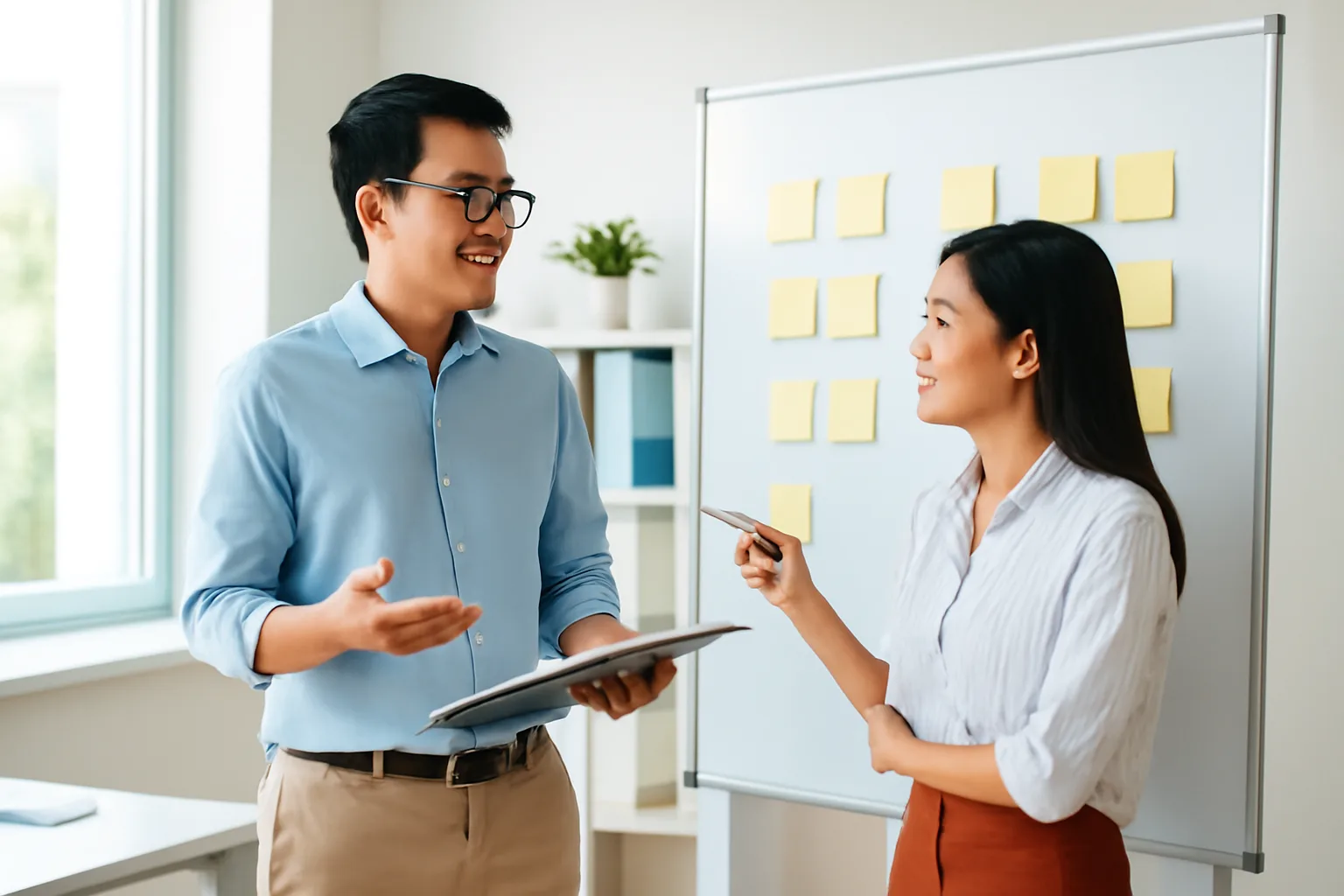 Hai kế toán thảo luận bên bảng trắng dán giấy ghi chú trống trong phòng họp sáng