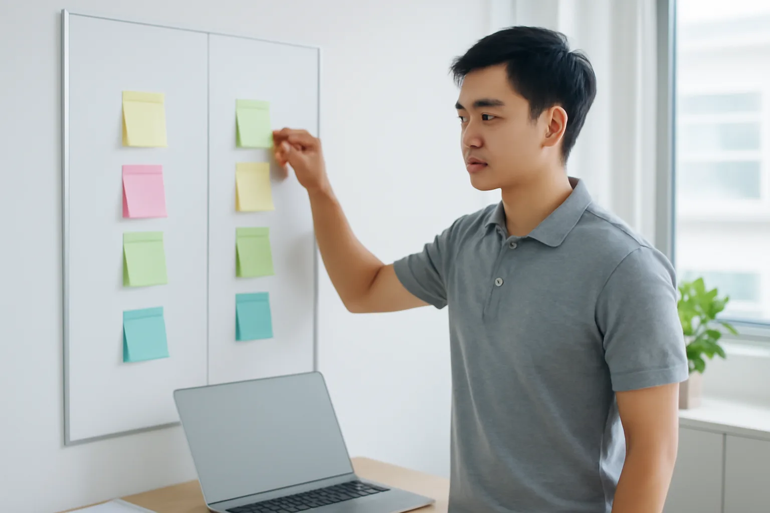 Kế toán đánh dấu các mục trên bảng trắng chia hai cột trong phòng làm việc