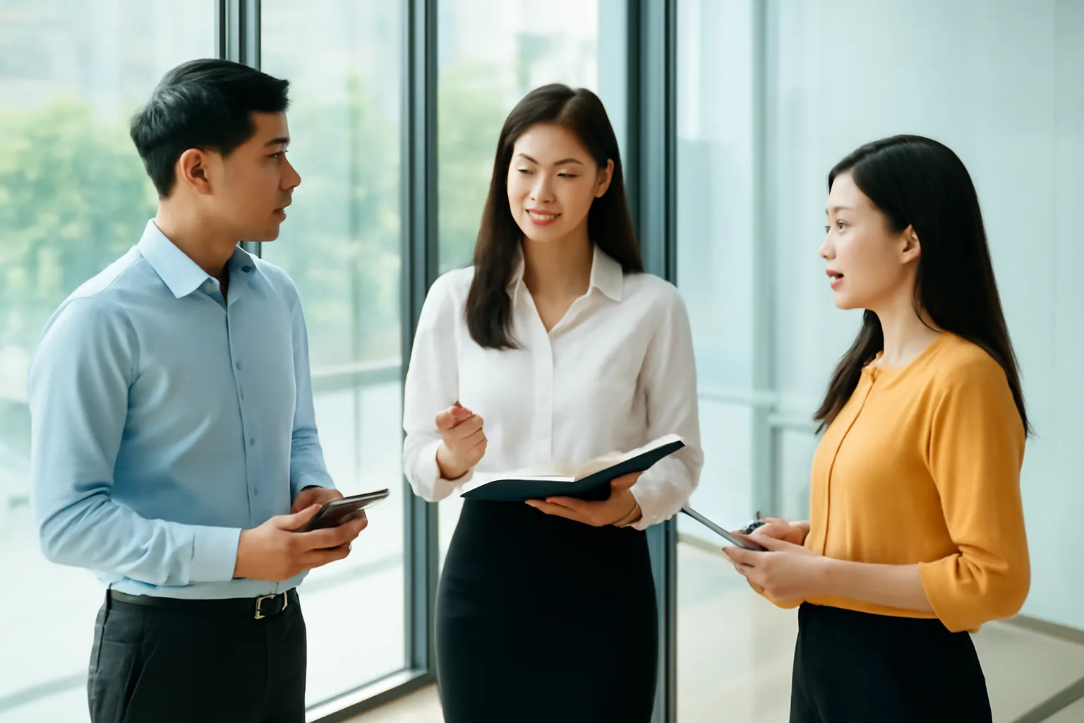 Trưởng phòng tài chính họp đứng nhanh với ba đồng nghiệp cạnh vách kính