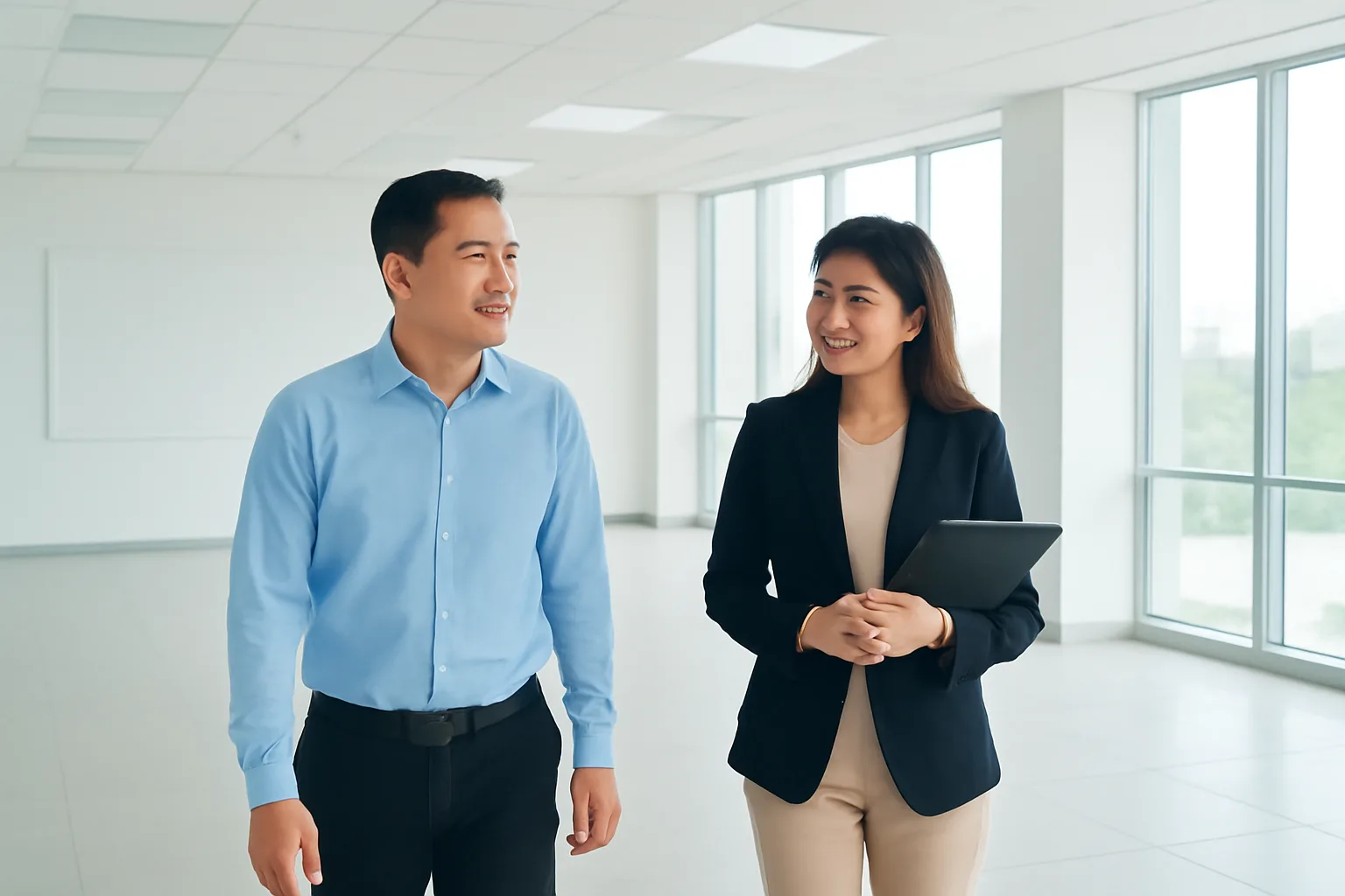 Chủ doanh nghiệp và người tư vấn thuế đi xem một văn phòng trống, tay cầm cặp hồ sơ
