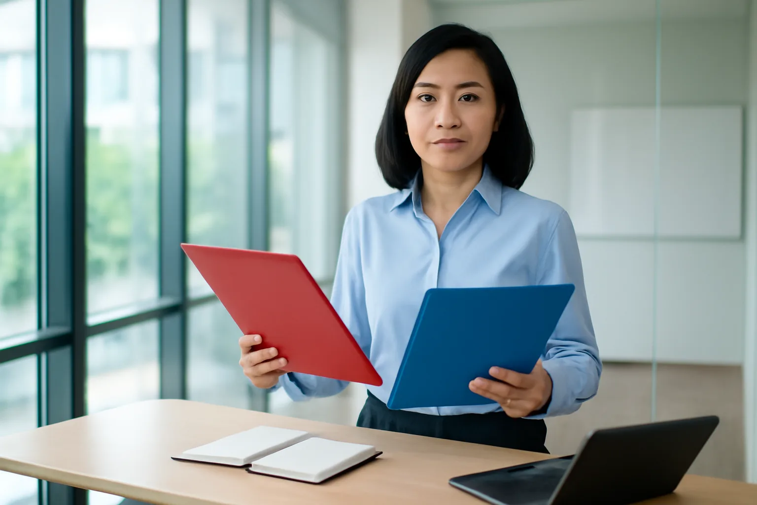 Kế toán trưởng so hai tập hồ sơ màu khác nhau trên bàn làm việc sáng