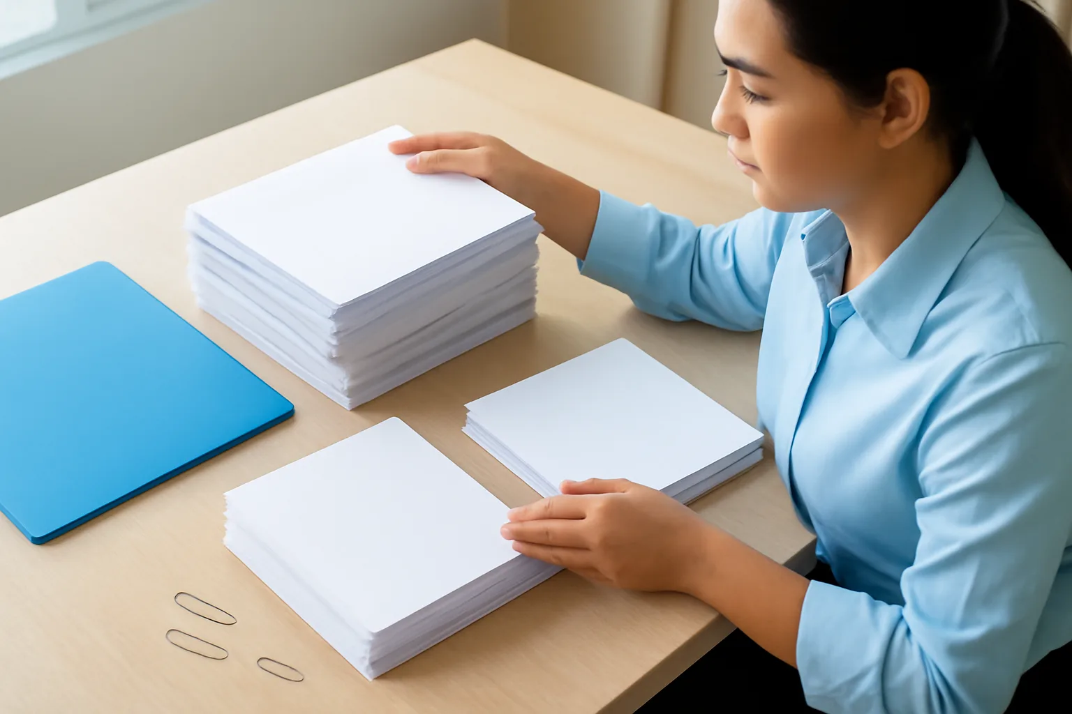 Tay người làm pháp chế tách một xấp tài liệu dày thành nhiều chồng nhỏ bằng kẹp giấy