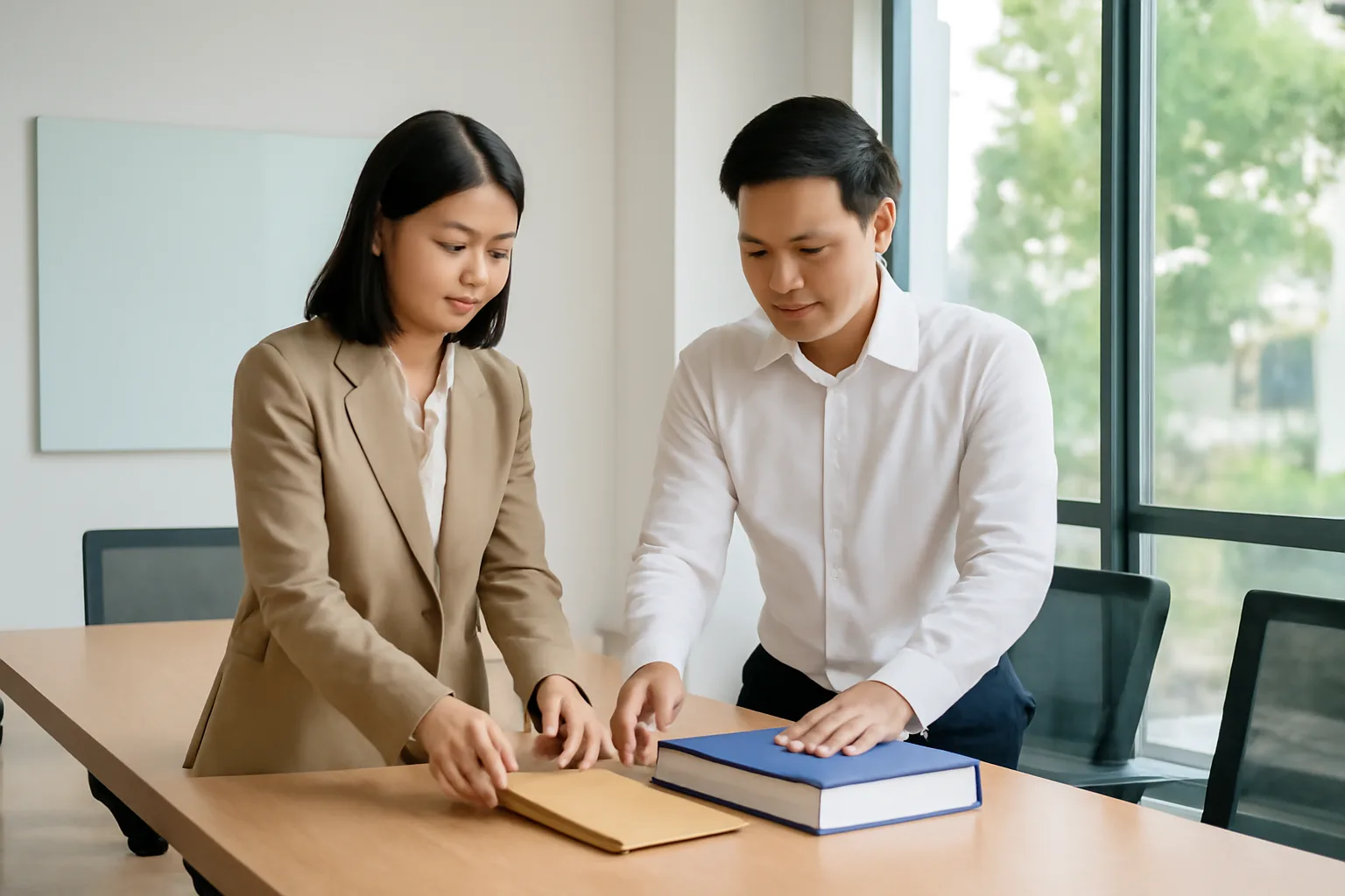 Hai chuyên viên pháp chế đặt một tập văn bản mỏng cạnh bộ luật dày trên bàn họp