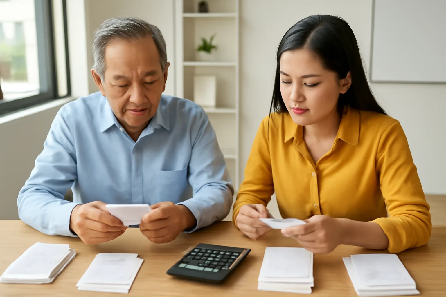 Hai kế toán già và trẻ chia hoá đơn thành hai chồng trên bàn gỗ cạnh máy tính bỏ túi
