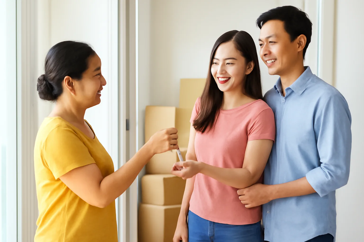 Chủ nhà trung niên trao chìa khoá căn hộ cho người thuê ở hành lang chung cư sáng sủa