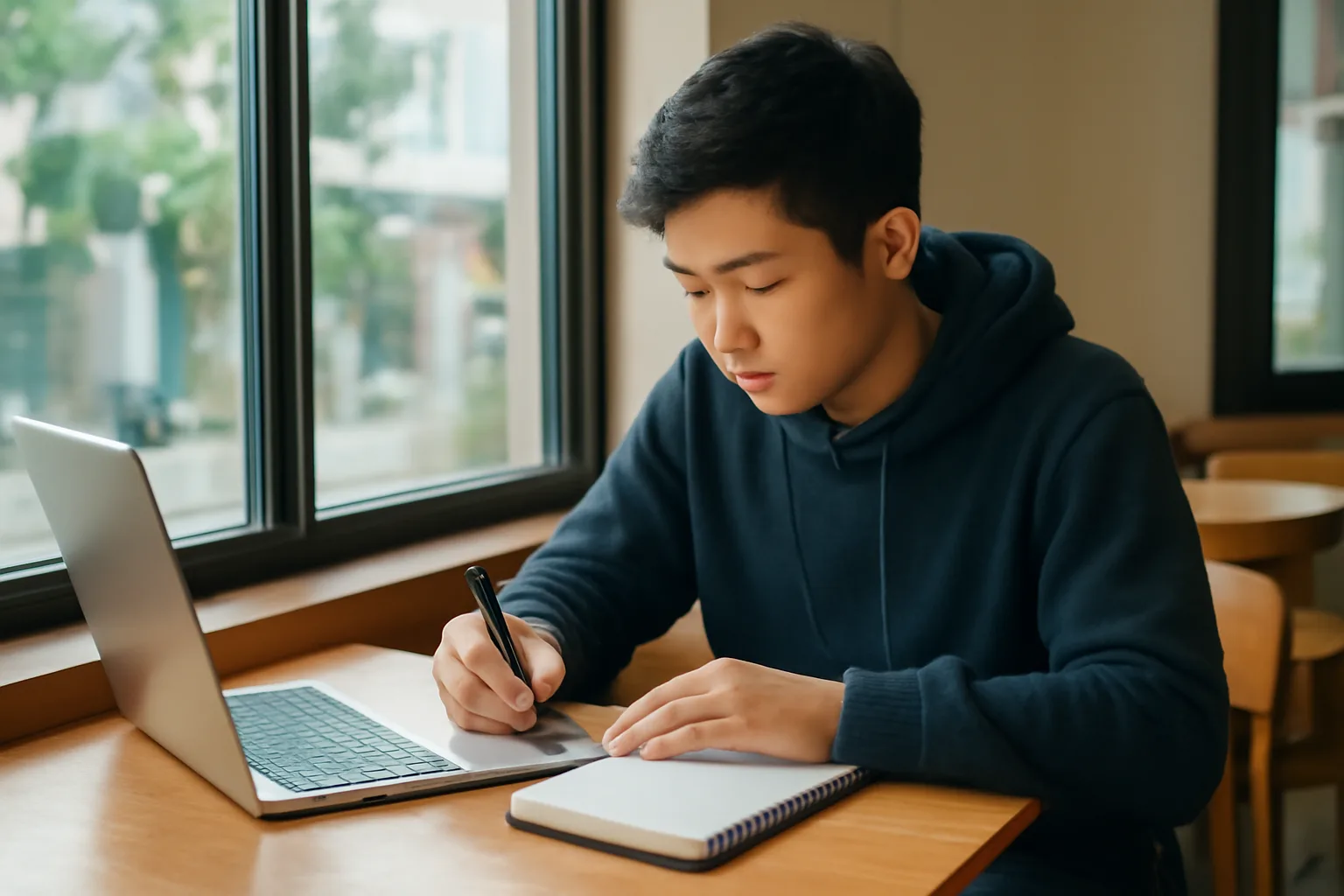 Người làm tự do ngồi làm việc bên cửa sổ quán cà phê, máy tính xách tay đóng một nửa và sổ tay mở