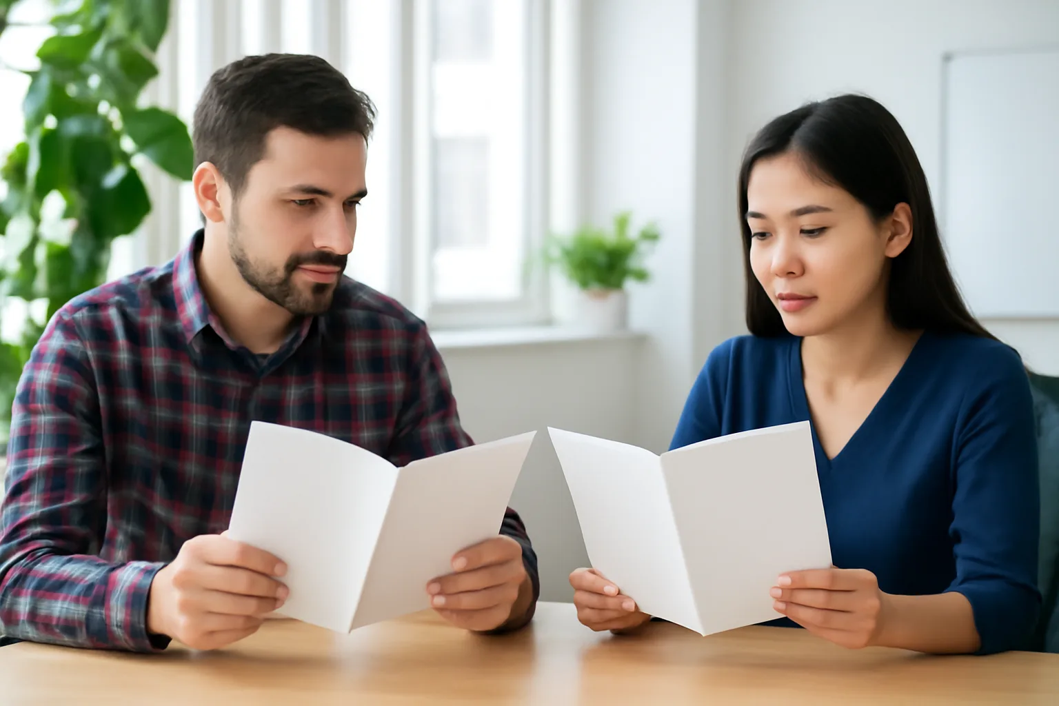 Kỹ sư nước ngoài và nhân viên nhân sự người Việt cùng đọc tài liệu song ngữ ở bàn họp