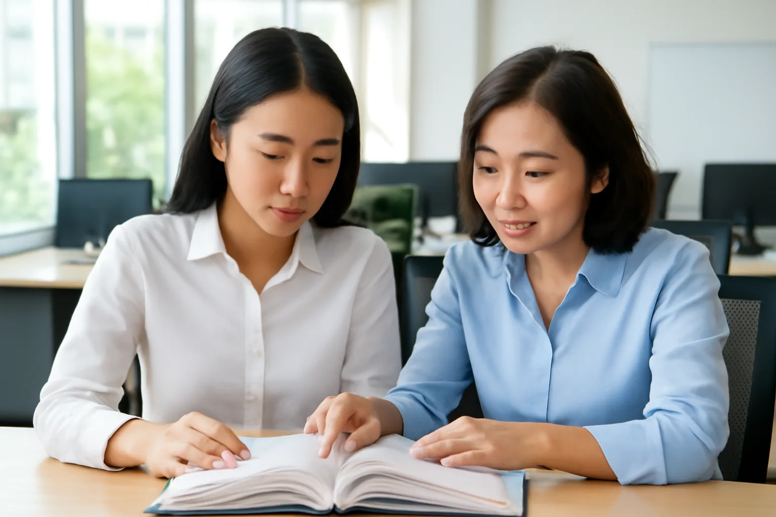 Kế toán trẻ mới vào nghề đọc tài liệu bên cạnh đồng nghiệp lớn tuổi hướng dẫn