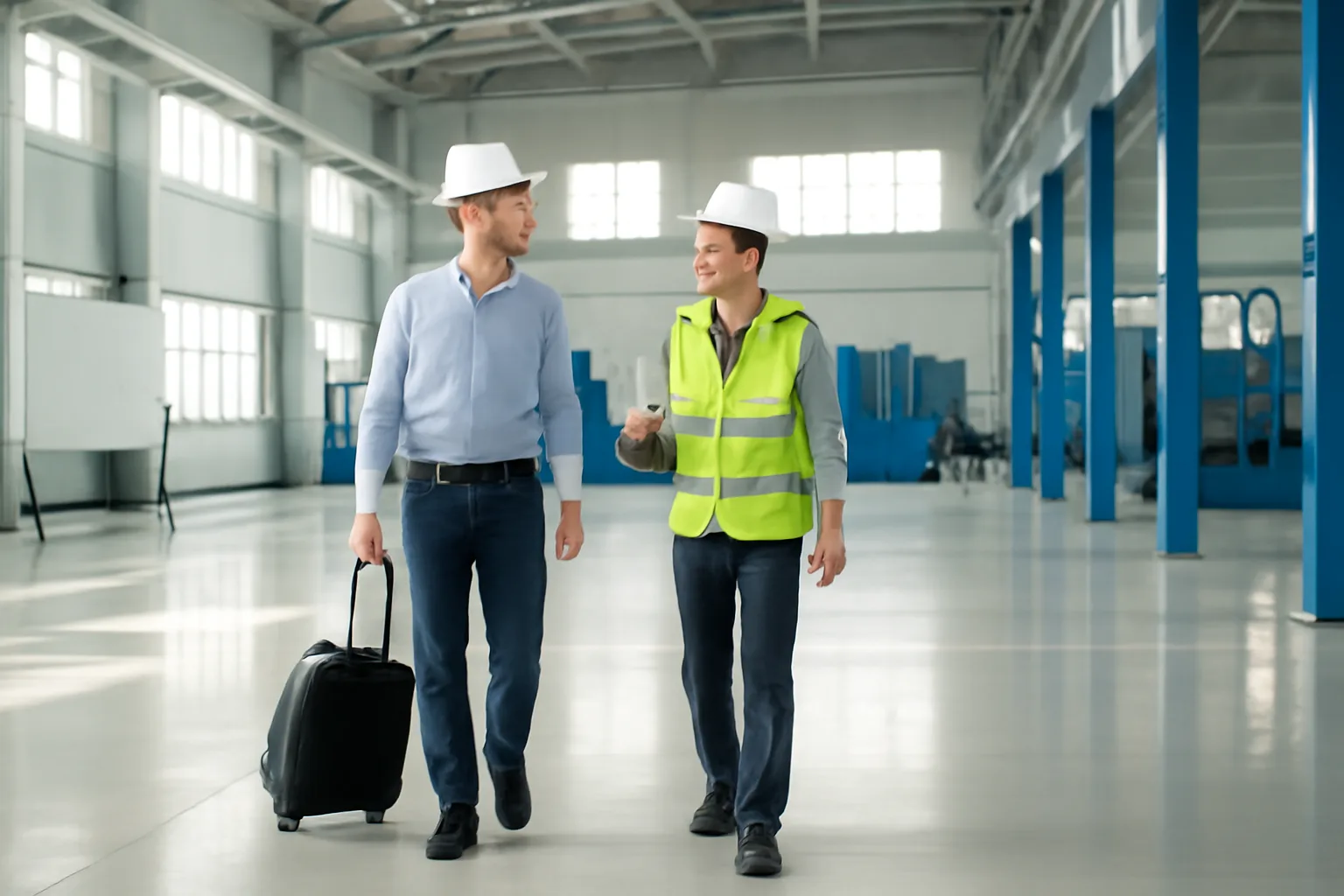Kỹ sư nước ngoài đội mũ bảo hộ đi cùng quản lý công trường Việt Nam trong nhà xưởng