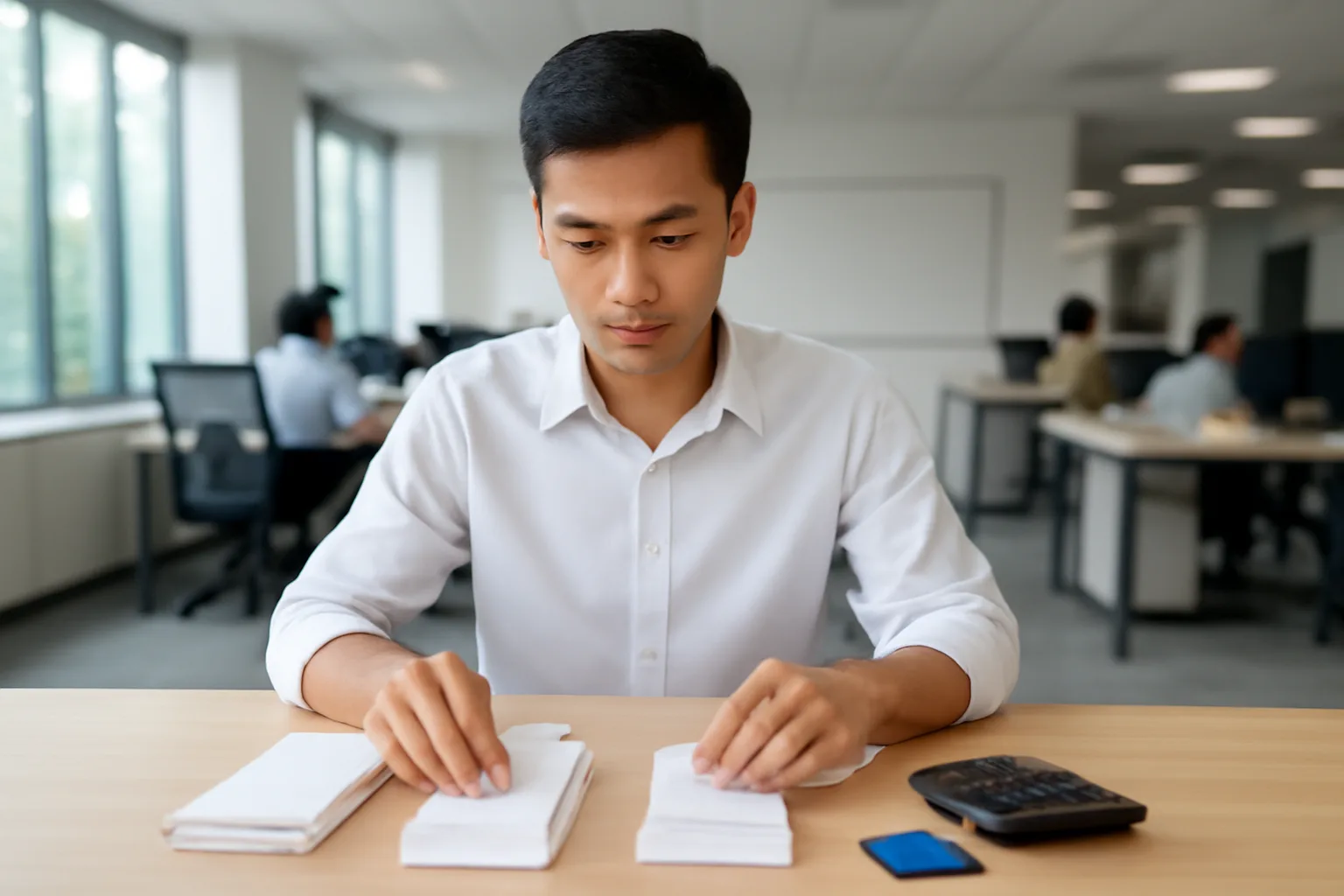 Nhân viên kế toán xếp hai chồng hoá đơn giấy trắng thành hai bên bàn để so sánh