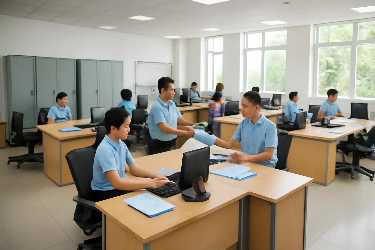 Dãy tủ hồ sơ và bàn làm việc trong khu văn phòng rộng của một cơ quan hành chính