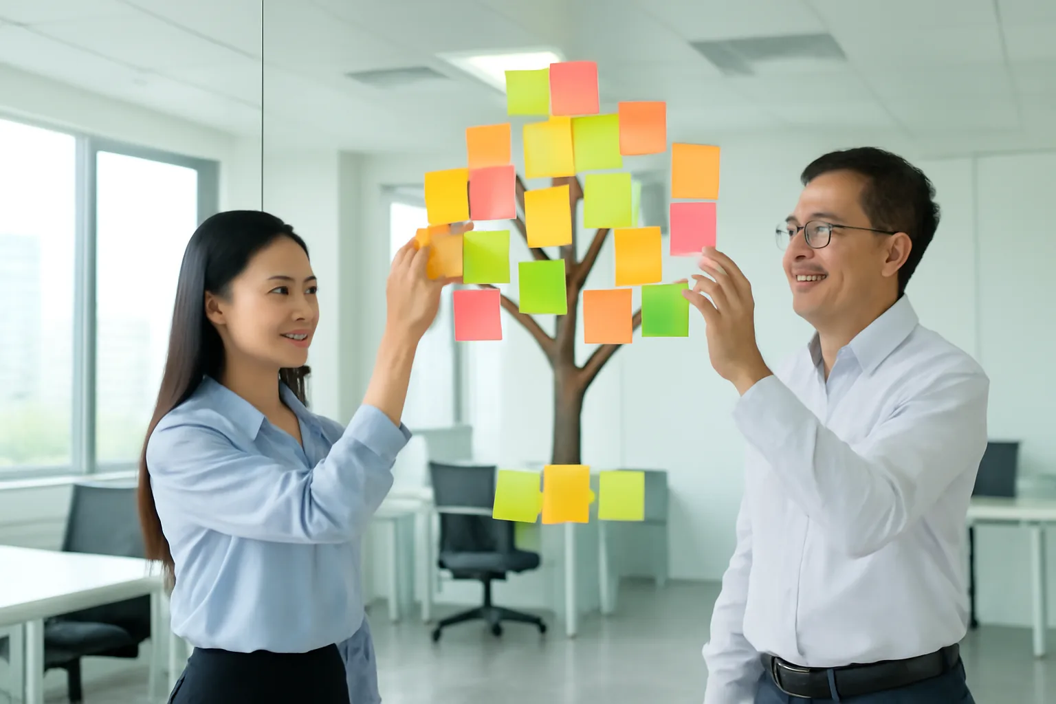 Hai nhân viên đứng trước vách kính dán giấy ghi chú trống xếp theo hình cây để thảo luận