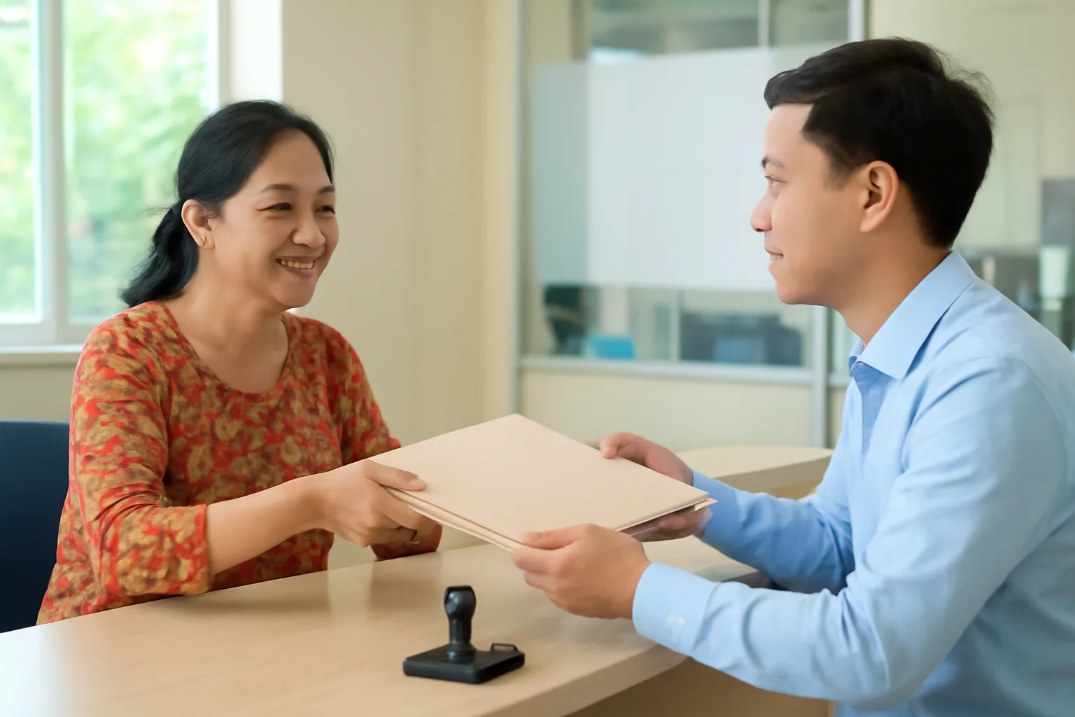 Người phụ nữ trung niên đưa cặp hồ sơ cho cán bộ ở quầy một cửa, con dấu và khay giấy trên quầy